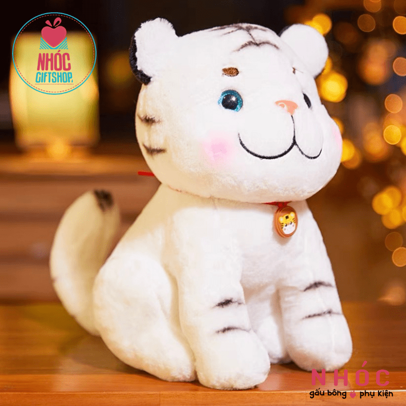 Thú bông Hổ cố đeo dây lông xù ngồi - Trắng - 25180