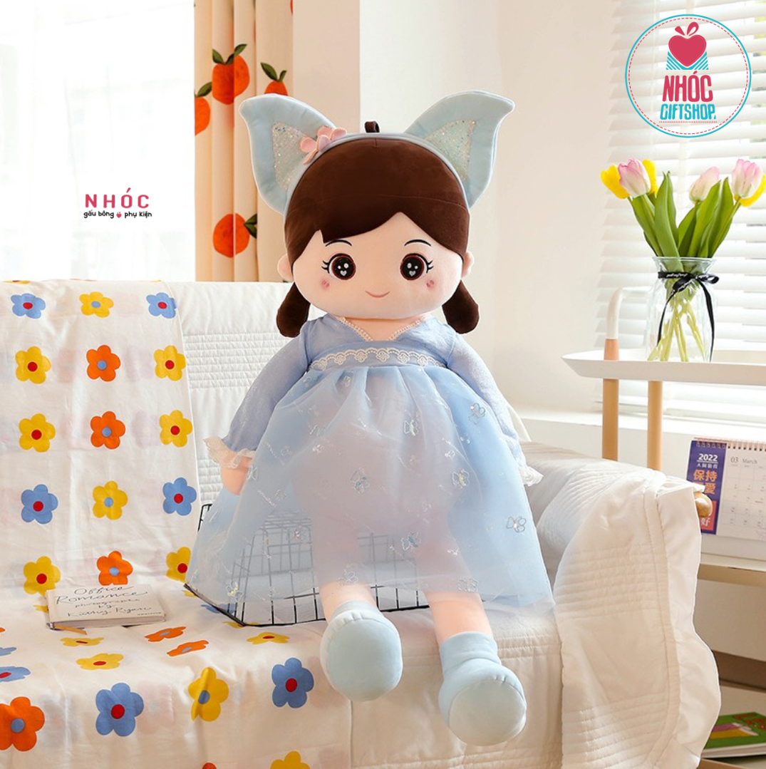 Búp bê bông đeo băng đô tai mèo lông mịn - Xanh - 55340