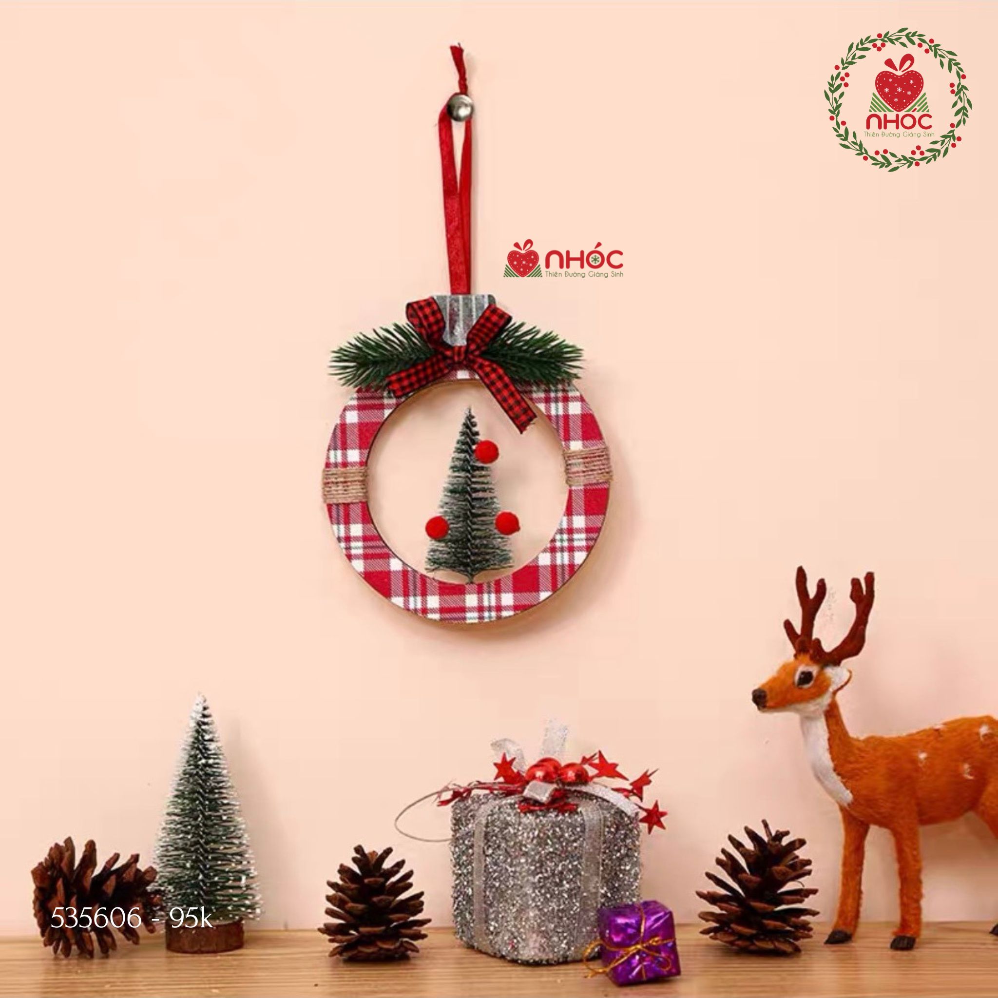 Phụ kiện trang trí Noel gỗ treo nguyệt quế caro - Đỏ - 1595