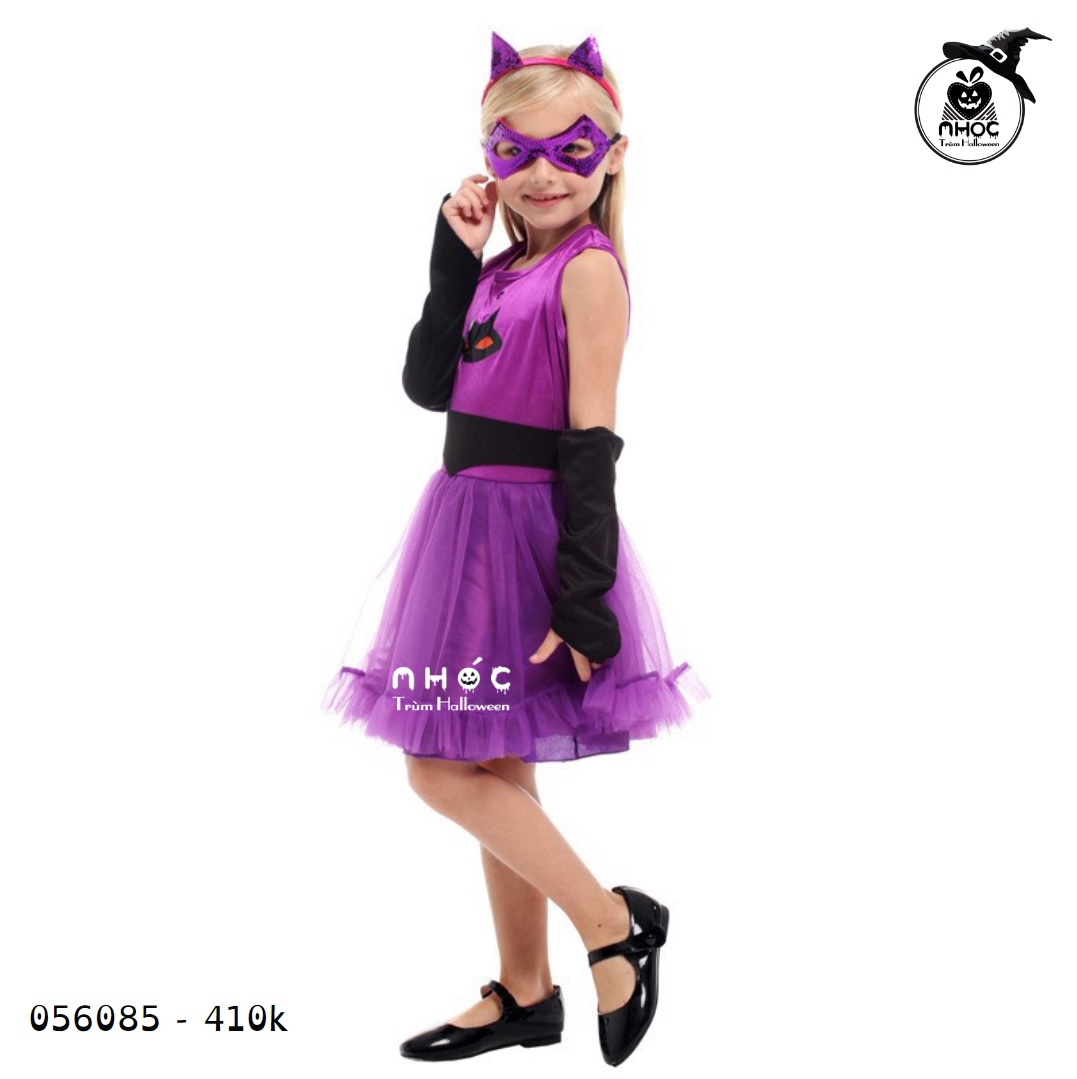 Đầm halloween mèo váy lưới combo cài mặt nạ bao tay - Tím - Size L - 125410