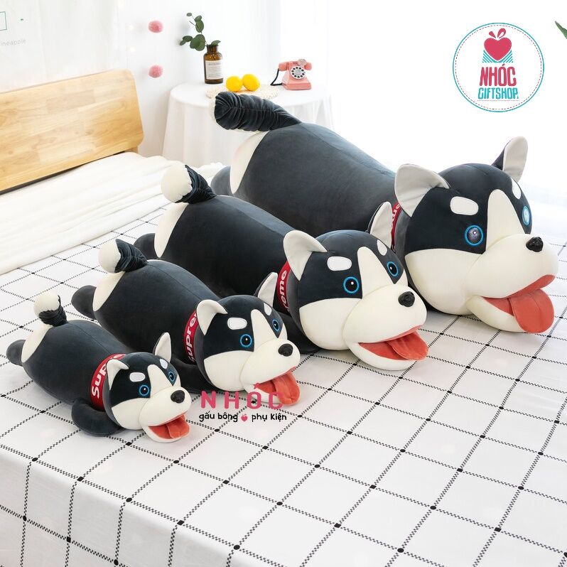 Thú bông Chó Husky lè lưỡi lông mịn nằm CH - Xám - 110720