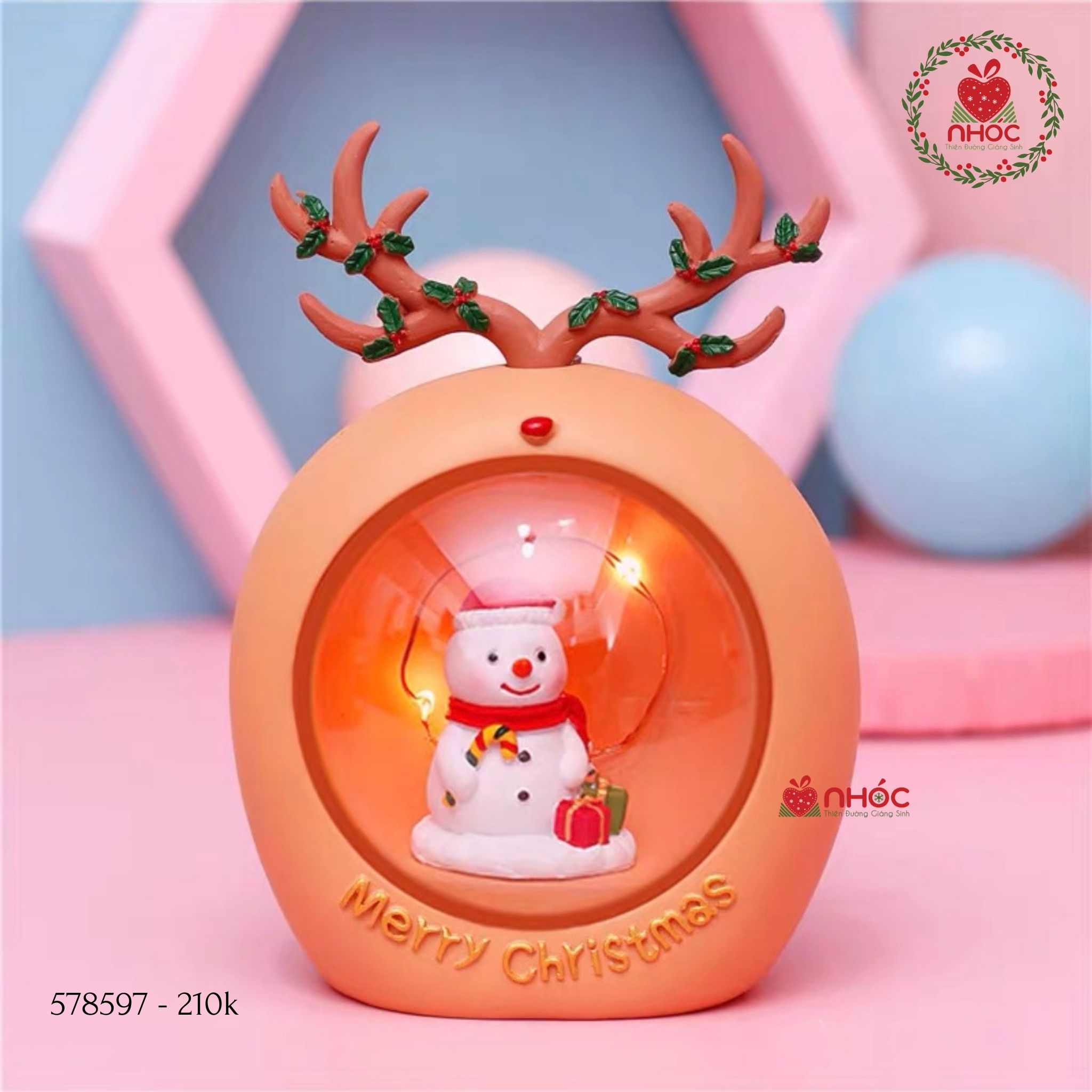 Đèn ngủ tròn sừng tuần lộc - Người tuyết - Cam - 21001