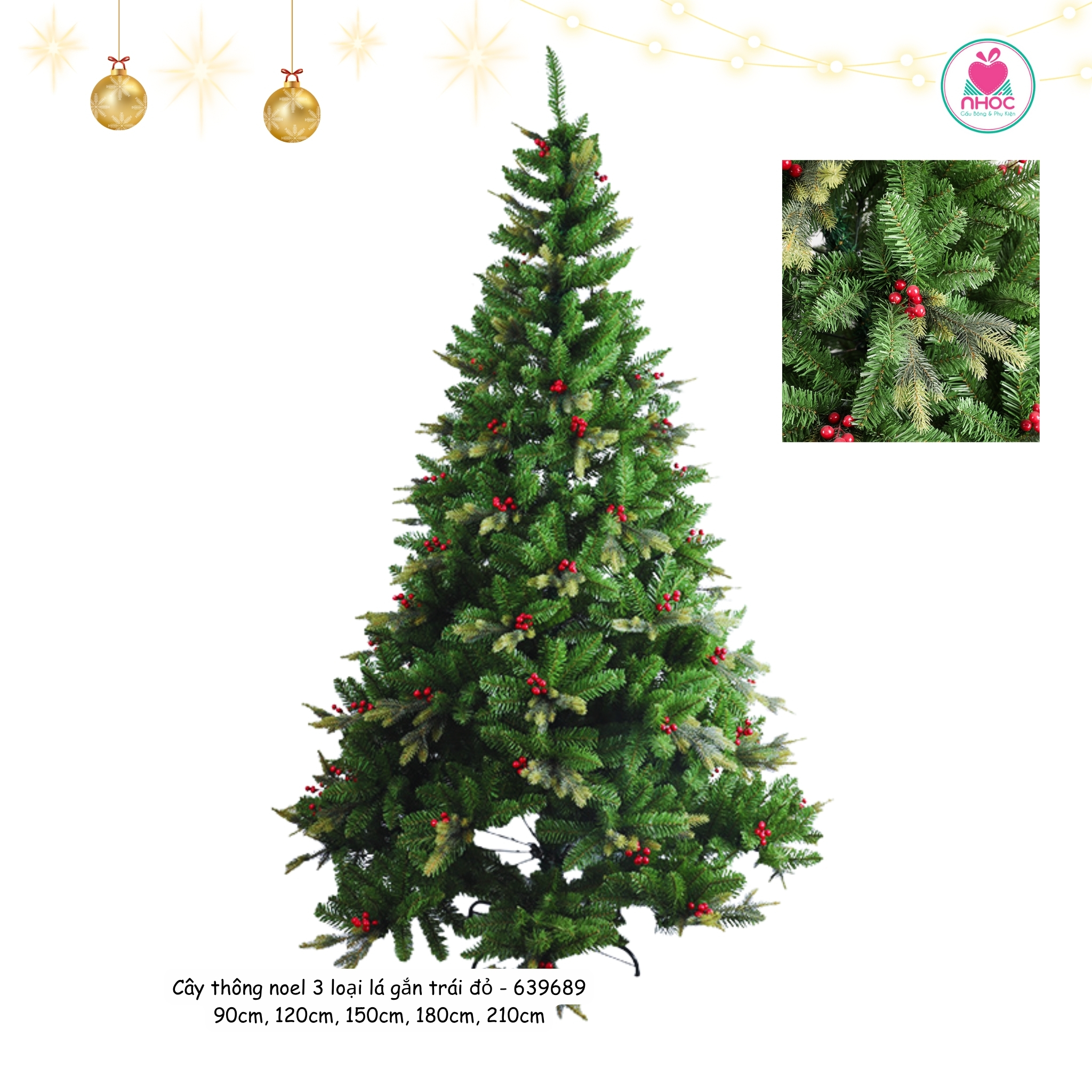 Cây thông noel 3 loại lá gắn trái đỏ 6' LP - 3LLQC - 6R17 - Xanh - 1801520