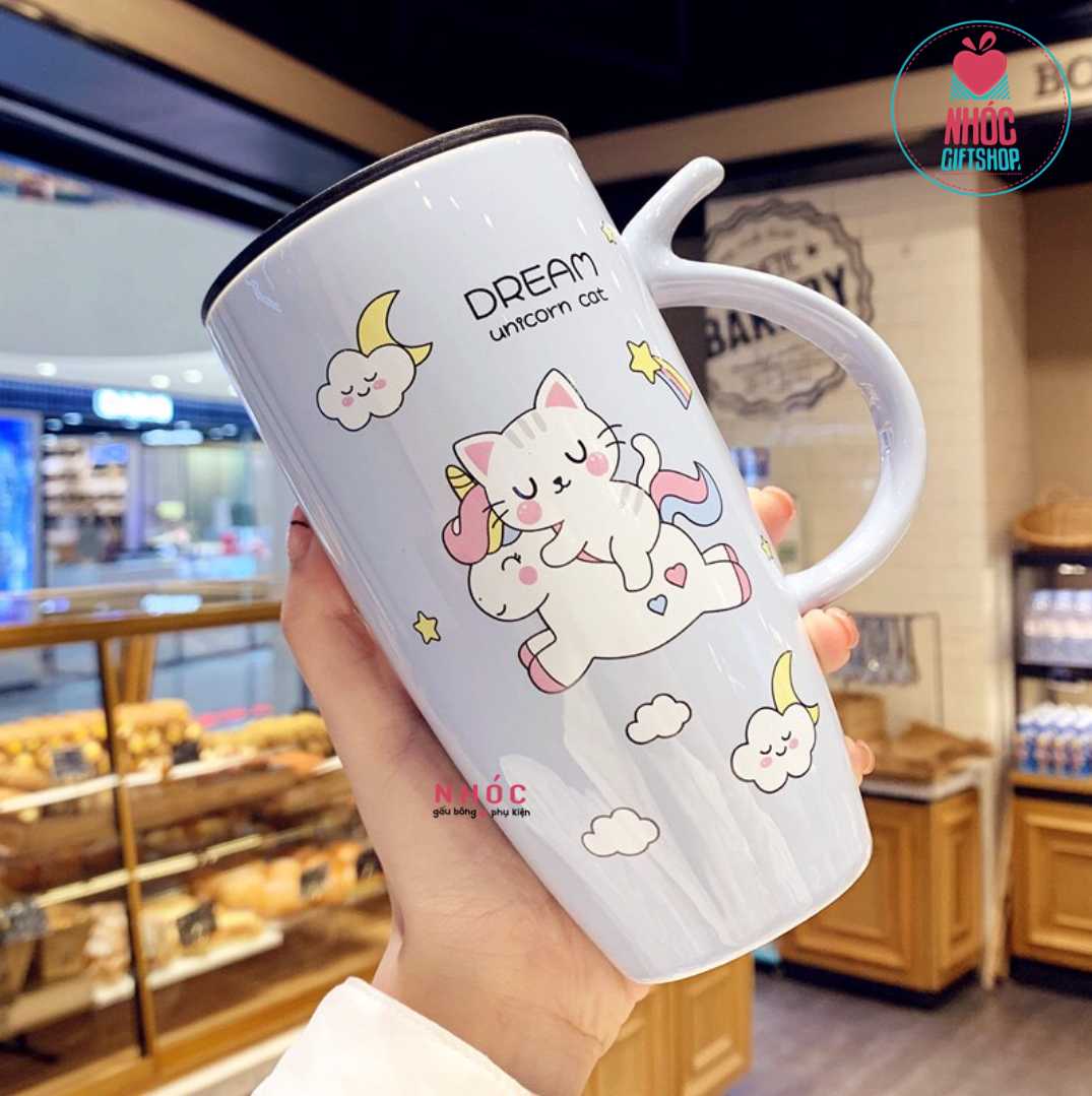 Ly sứ in mèo cưỡi kỳ lân cao có nắp trơn - Xanh dương - 14001