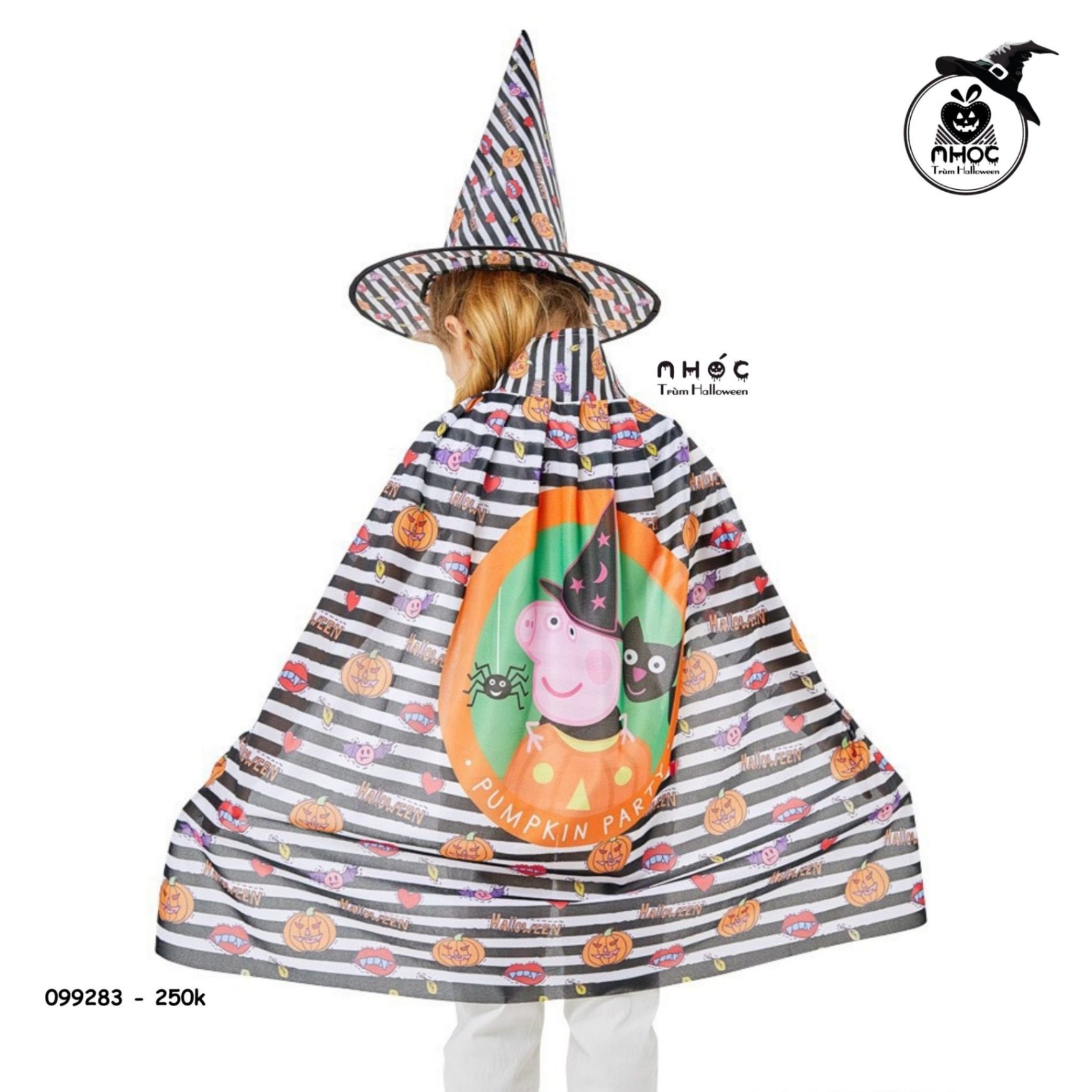 Áo choàng halloween heo peppa vải thun combo nón - Trắng đen - 15001