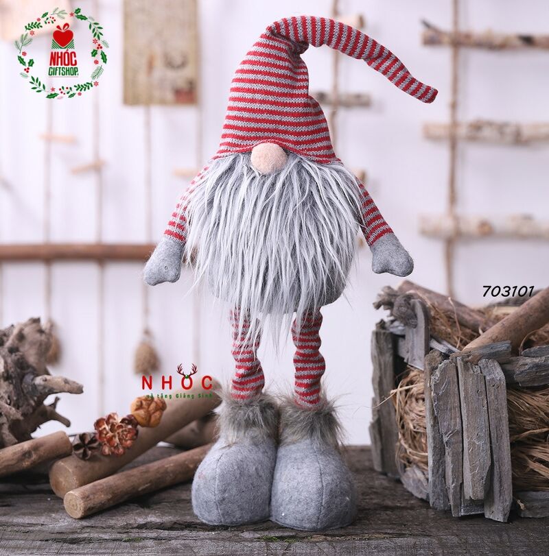 Thú bông ông già noel đứng đội nón sọc chân rút - 24001 - Xám