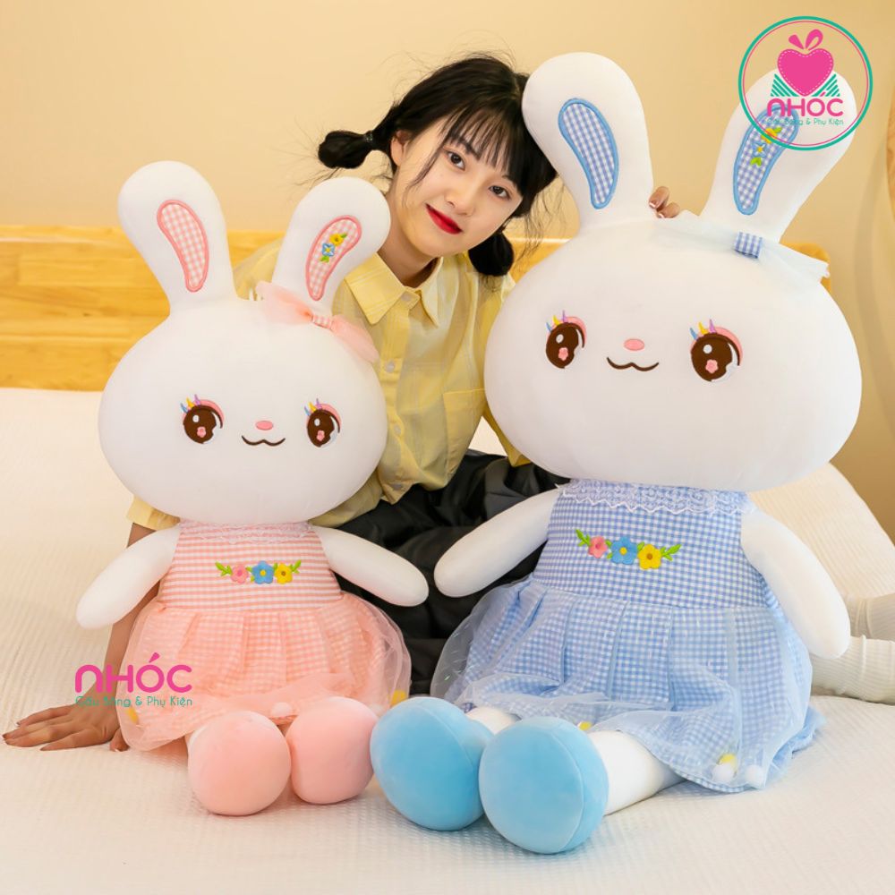 Thú bông thỏ mặc đầm voan caro lông mịn - Xanh dương - 120620