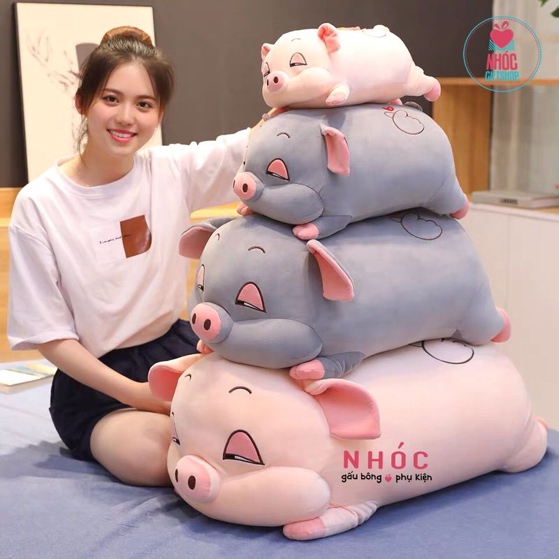 Thú bông Heo mắt híp lông mịn nằm TC - Hồng đào - 40190