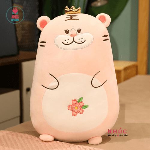 Thú bông Hổ vương miệng bụng thêu hoa lông mịn đứng - Hồng - 80580