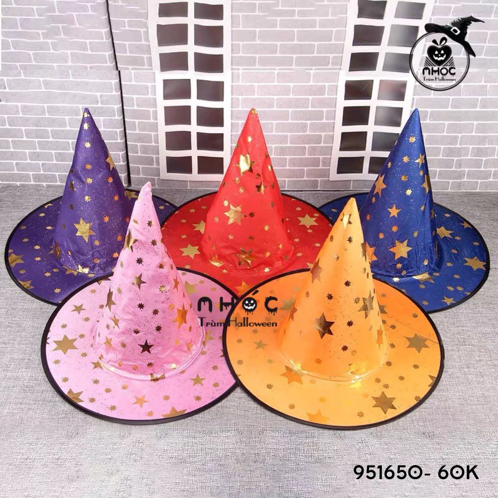 Mũ phù thủy vải phi bóng in sao - Đen - 6001