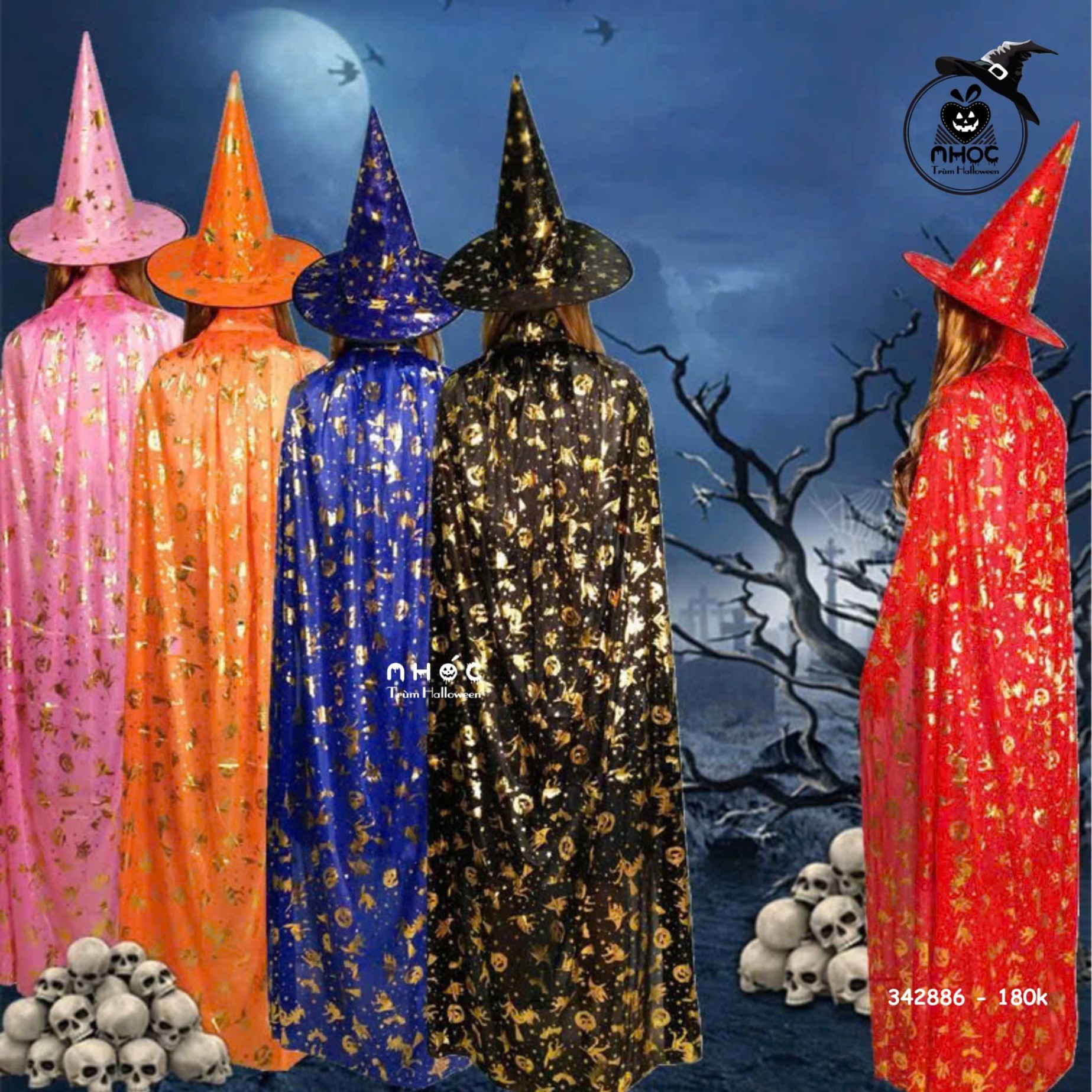 Aó choàng halloween nhũ in phù thủy bí dơi combo nón - Tím - 18001