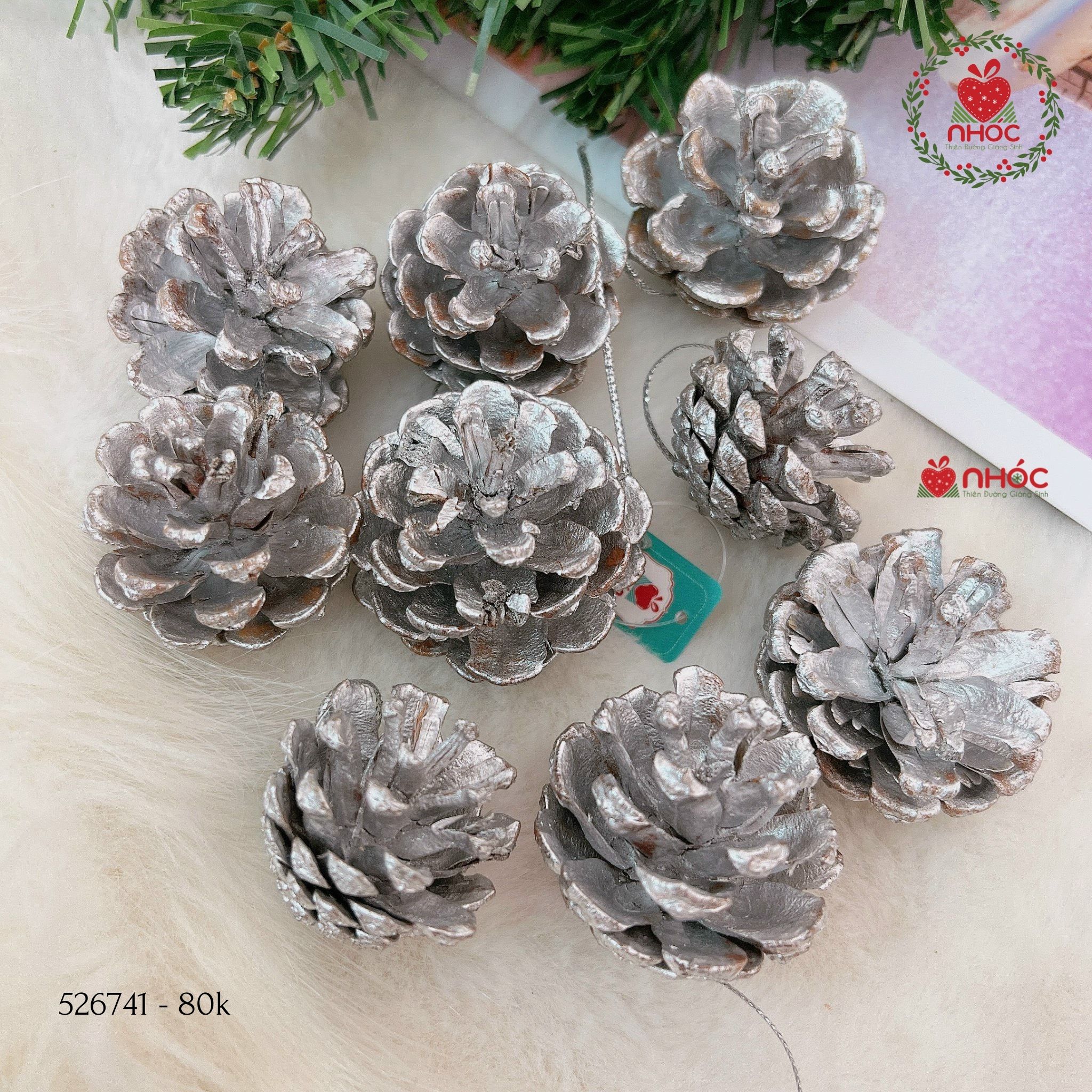 Phụ kiện trang trí Noel trái thông bộ 9 - Bạc - 3080