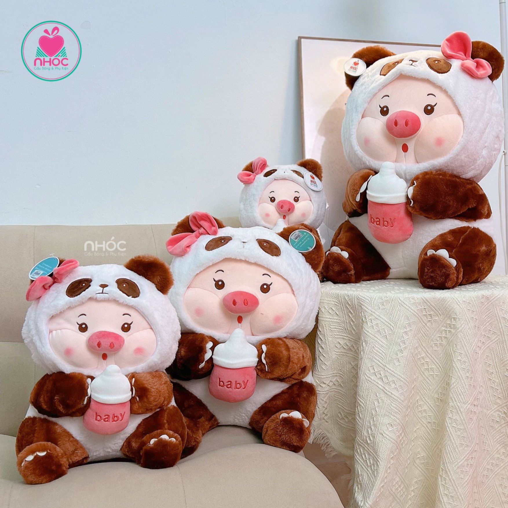 Thú bông Heo mặc áo Panda lông xù TC - Trắng nâu - 30190