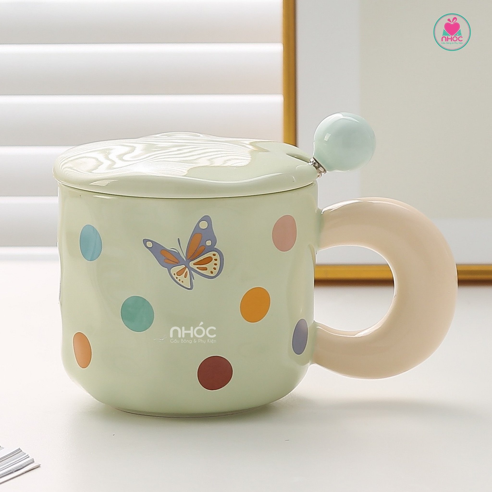 Ly sứ in bướm chấm bi - Xanh lá - 14001