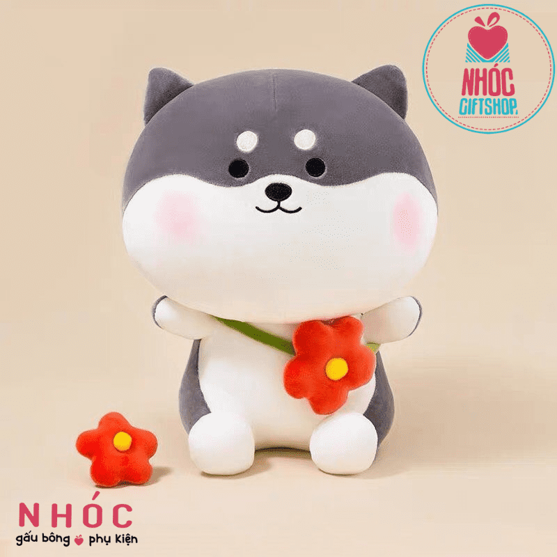 Thú bông chó shiba đeo túi lông mịn ngồi - Xám đen - 85780