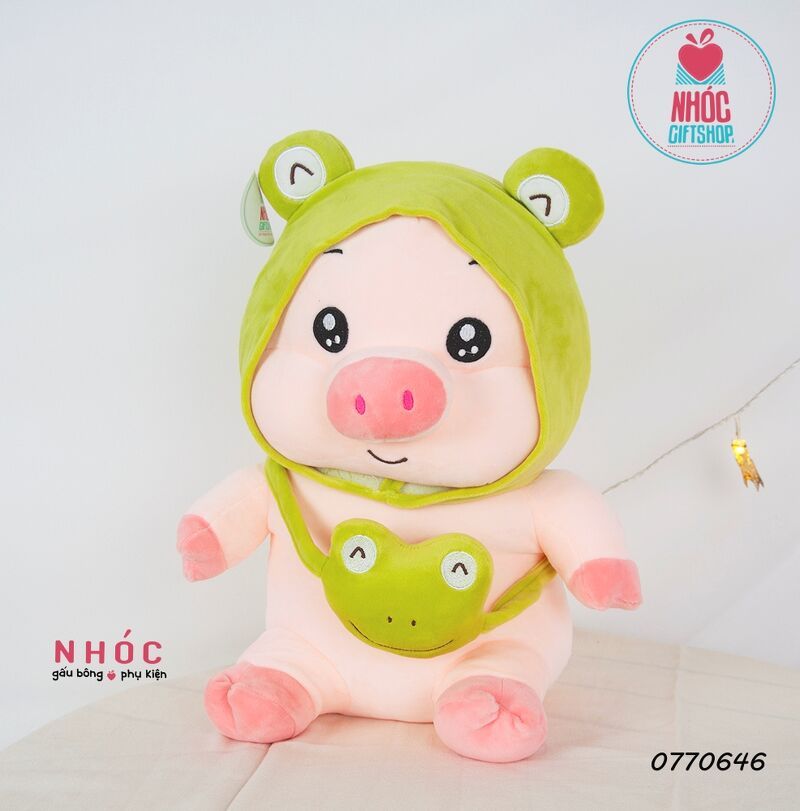 Thú bông Heo nón thú đeo túi lông mịn ngồi - Ếch xanh lá - 25110