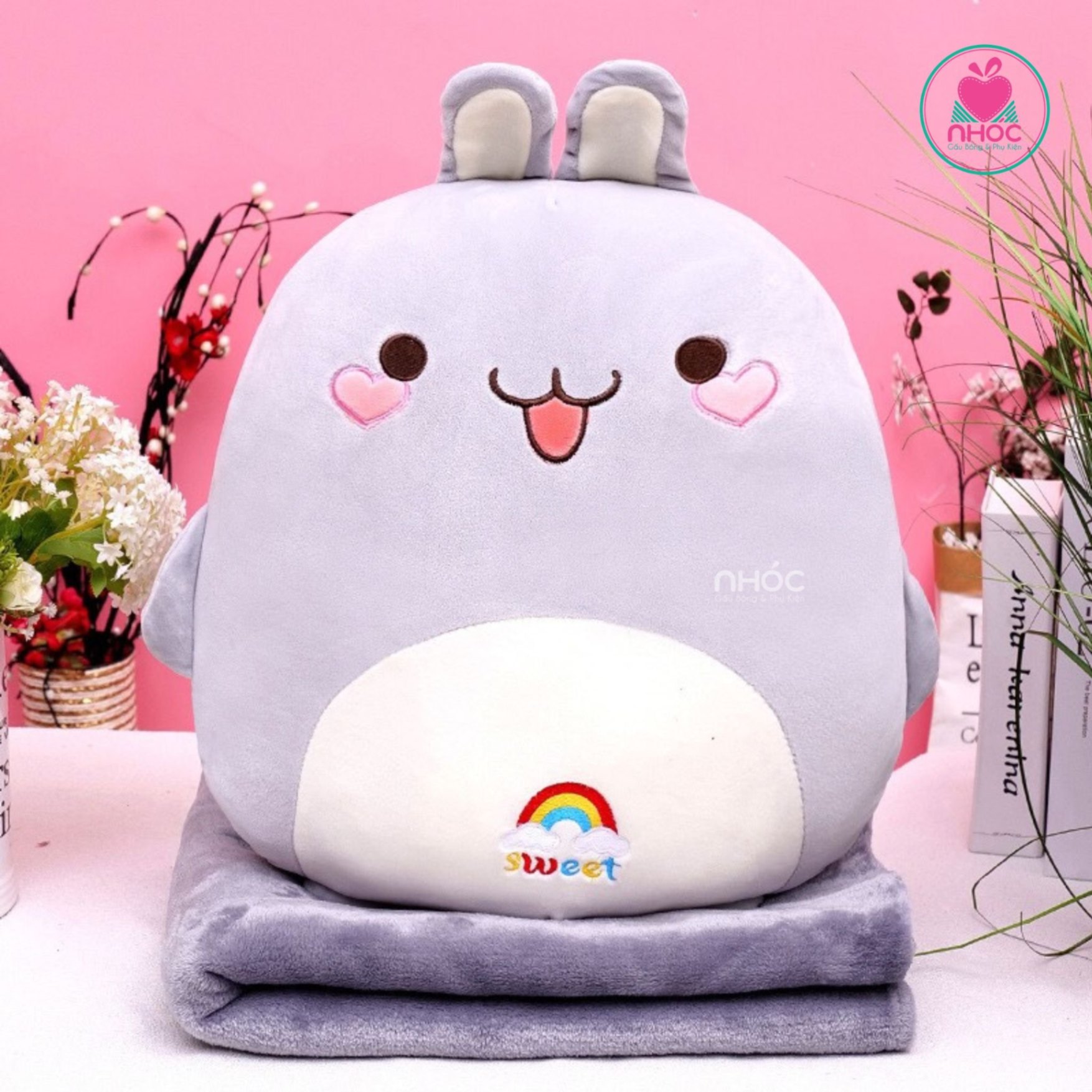 Gối mền thú thêu chữ Sweet lông mịn - Thỏ xám - 32001