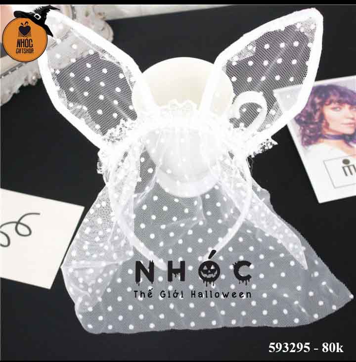 Cài tóc halloween tai thỏ ren chấm bi nhỏ trùm mặt - 8001 - Trắng