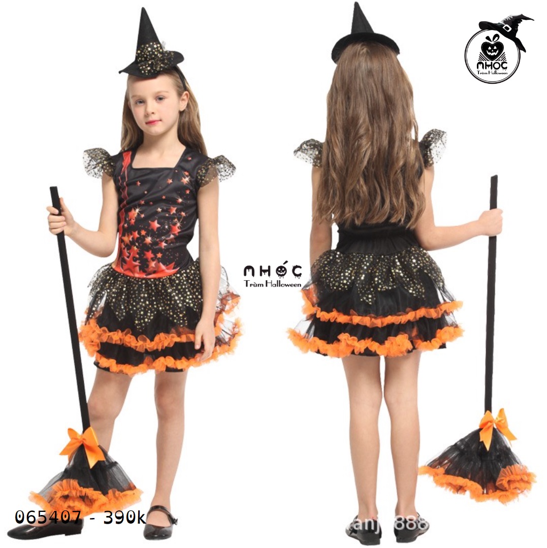 Đầm halloween phù thủy in sao váy lưới combo cài - Đen - Size L - 125390