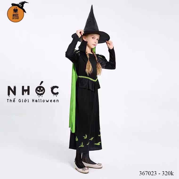Đầm halloween phù thủy viền xanh vải thun combo nón - Size M - 32001