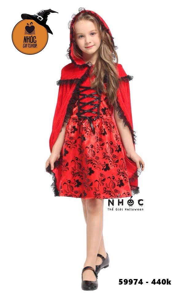 Đầm halloween cô bé quàng khăn đỏ vải nhung hoa văn combo áo choàng - Size M - 44001