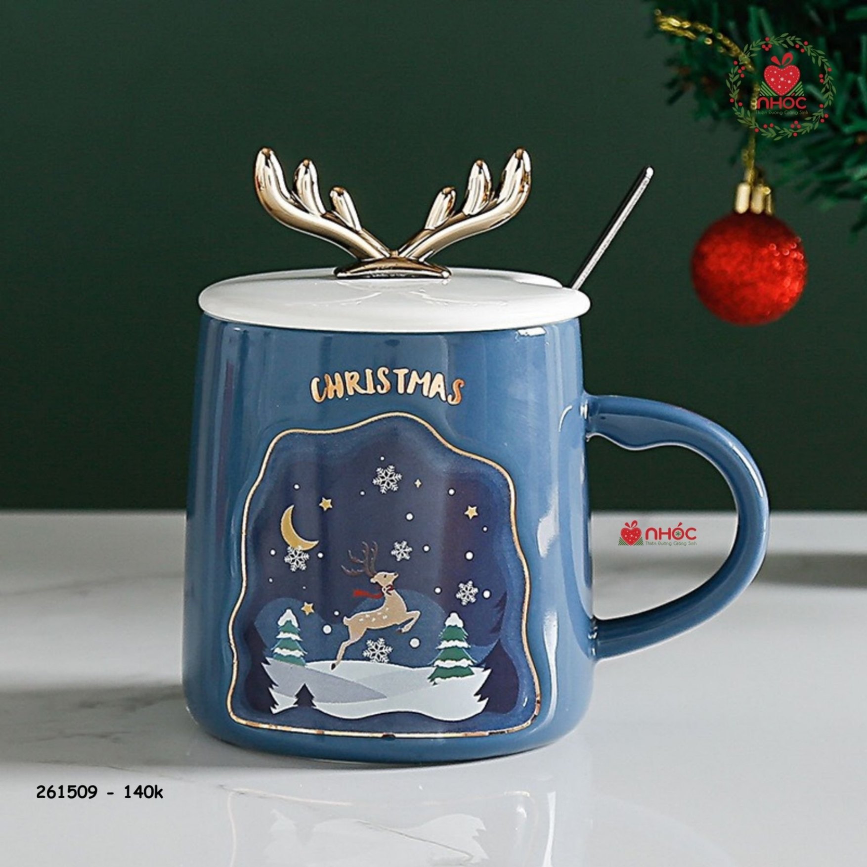 Ly sứ Noel nắp tuần lộc - Tuần Lộc - Xanh navy - 14001