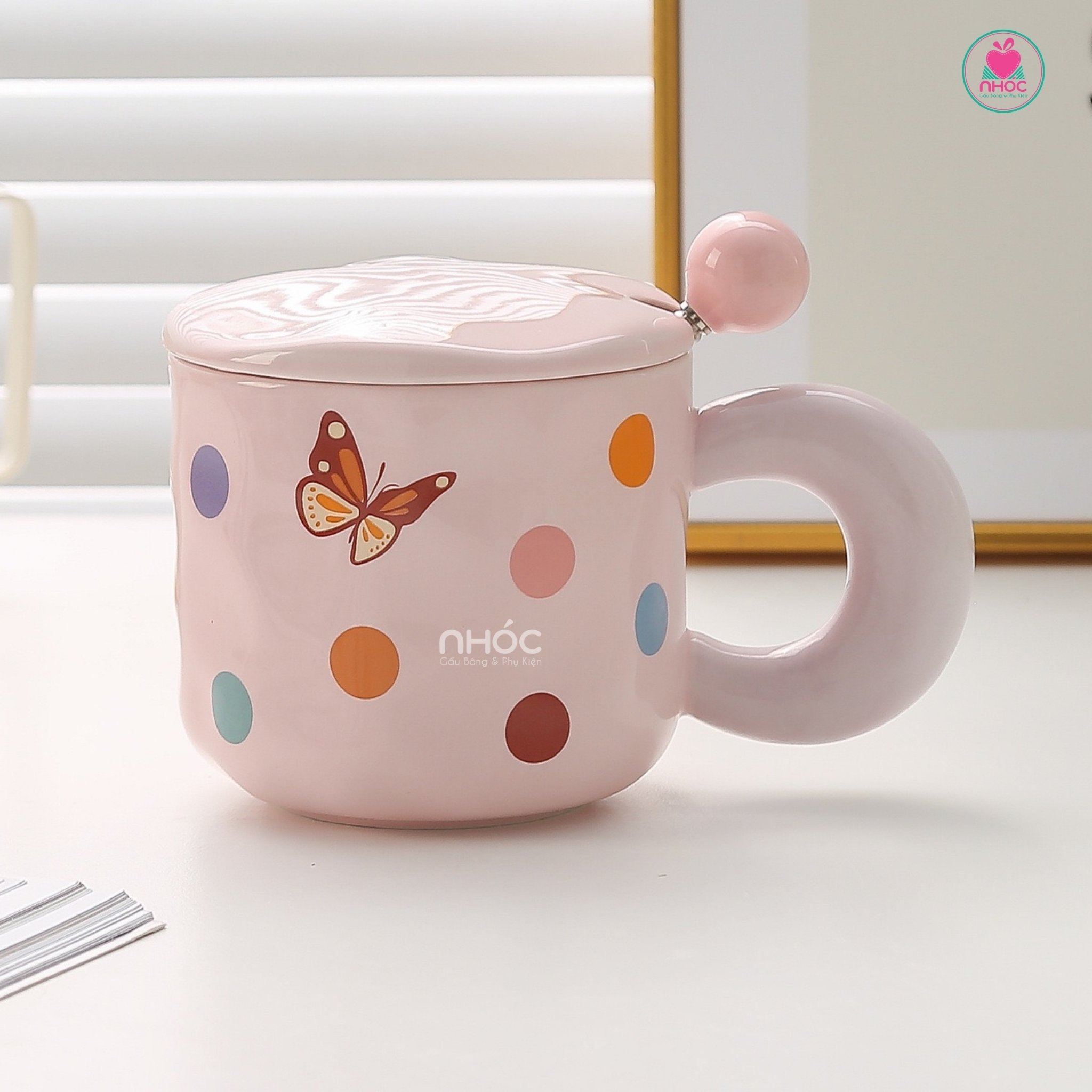 Ly sứ in bướm chấm bi - Hồng - 14001