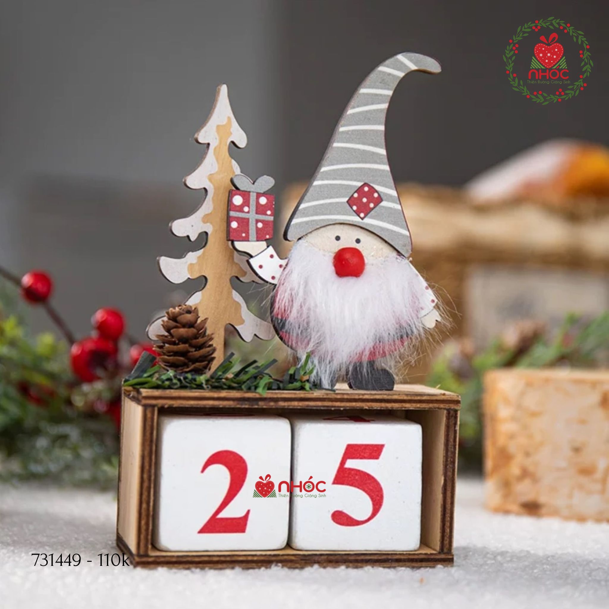 Bộ tượng noel lịch gỗ ông già râu dài - Xám - 11001