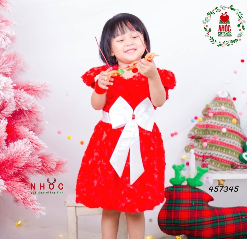 Đầm nhung noel búp bê lông hoa hồng - Đỏ - Size 2 - 45190