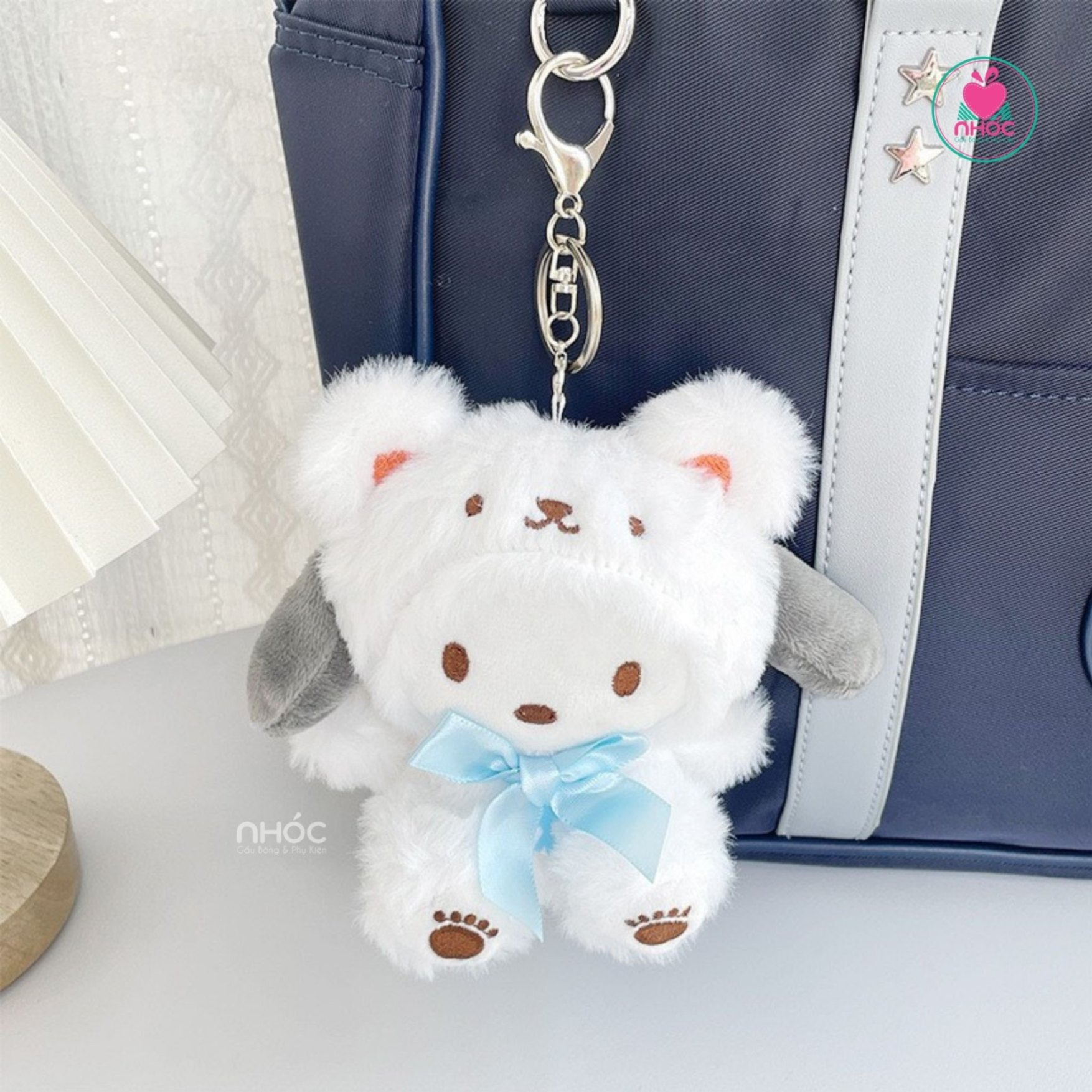 Móc khoá bông thú Cosplay đeo nơ - Chó Pacha - 7501