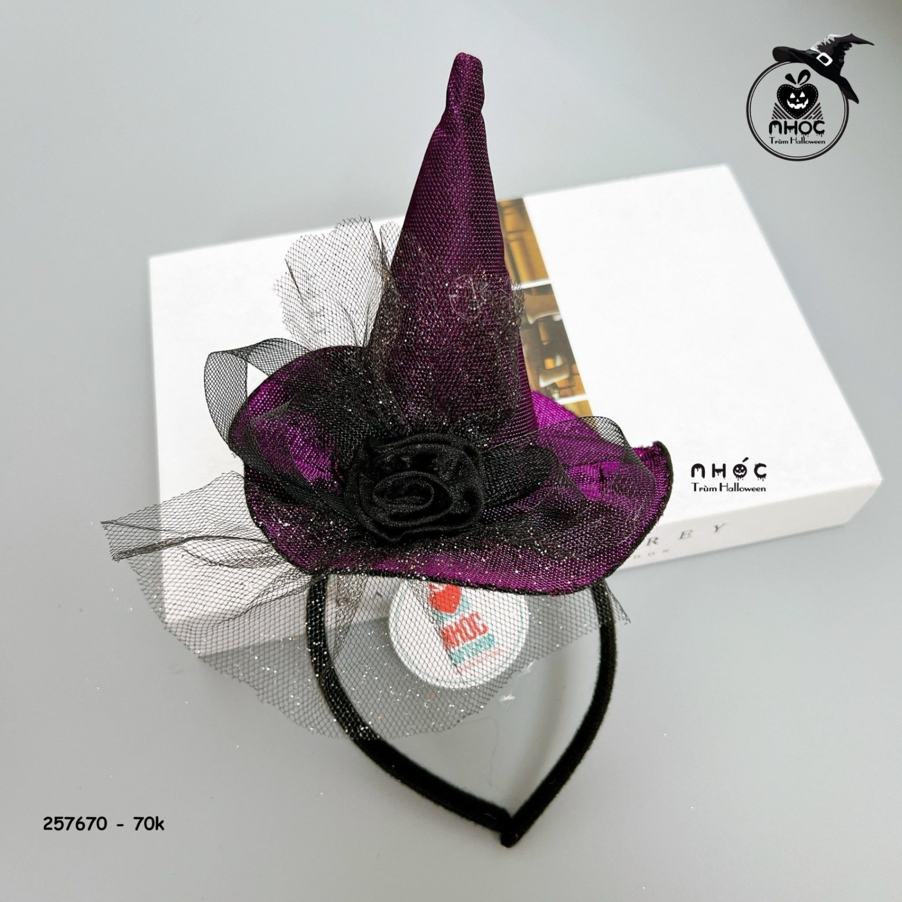 Cài tóc Halloween nón phù thuỷ lưới hoa hồng đen - Tím - 7001