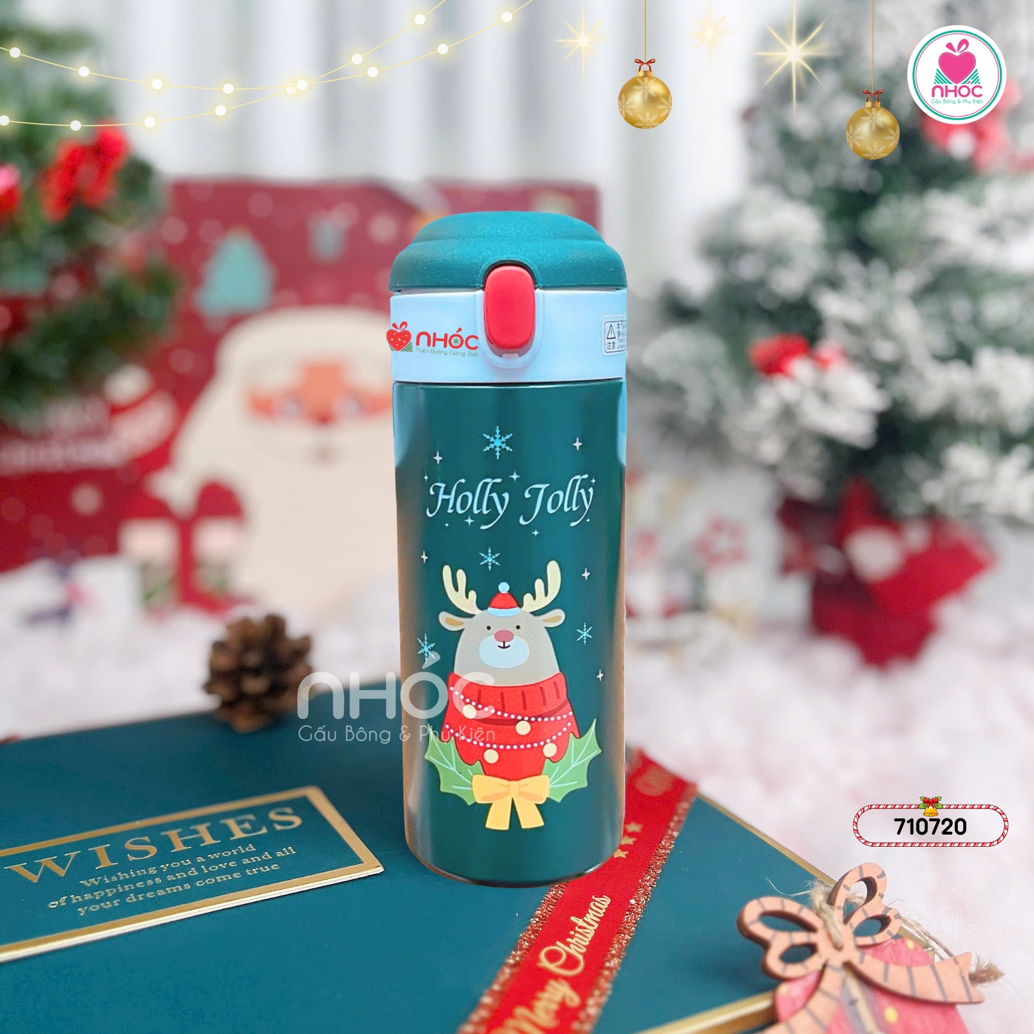 Bình giữ nhiệt Noel nắp bật đỏ - Tuần lộc - Xanh lá - 18001