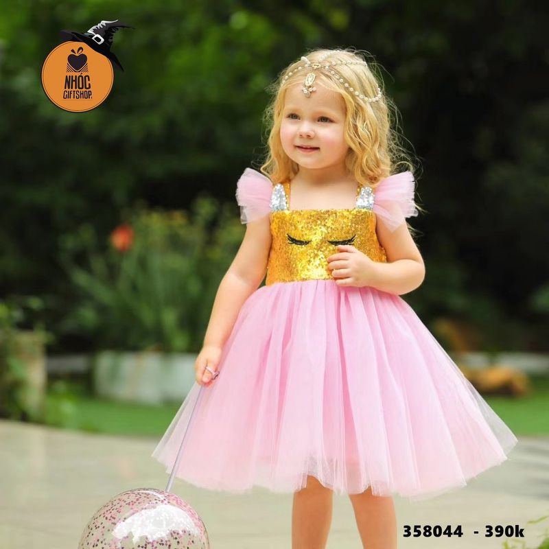 Đầm công chúa ngực kim sa mặt cười tay bèo - 39001 - Tím - 110cm