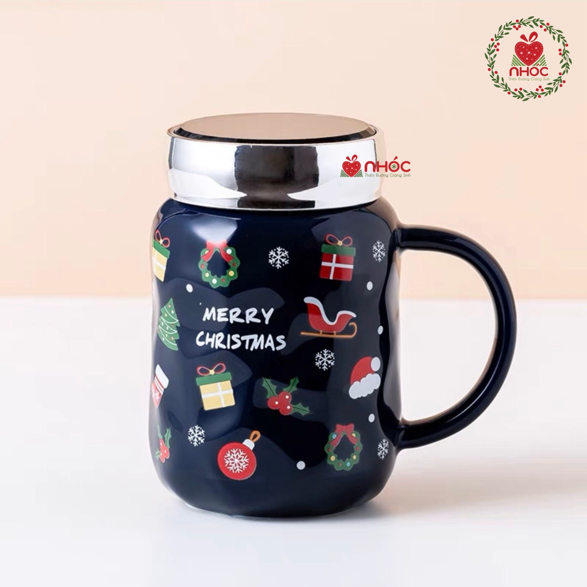 Ly sứ noel nắp kiếng - Xanh navy - 14023