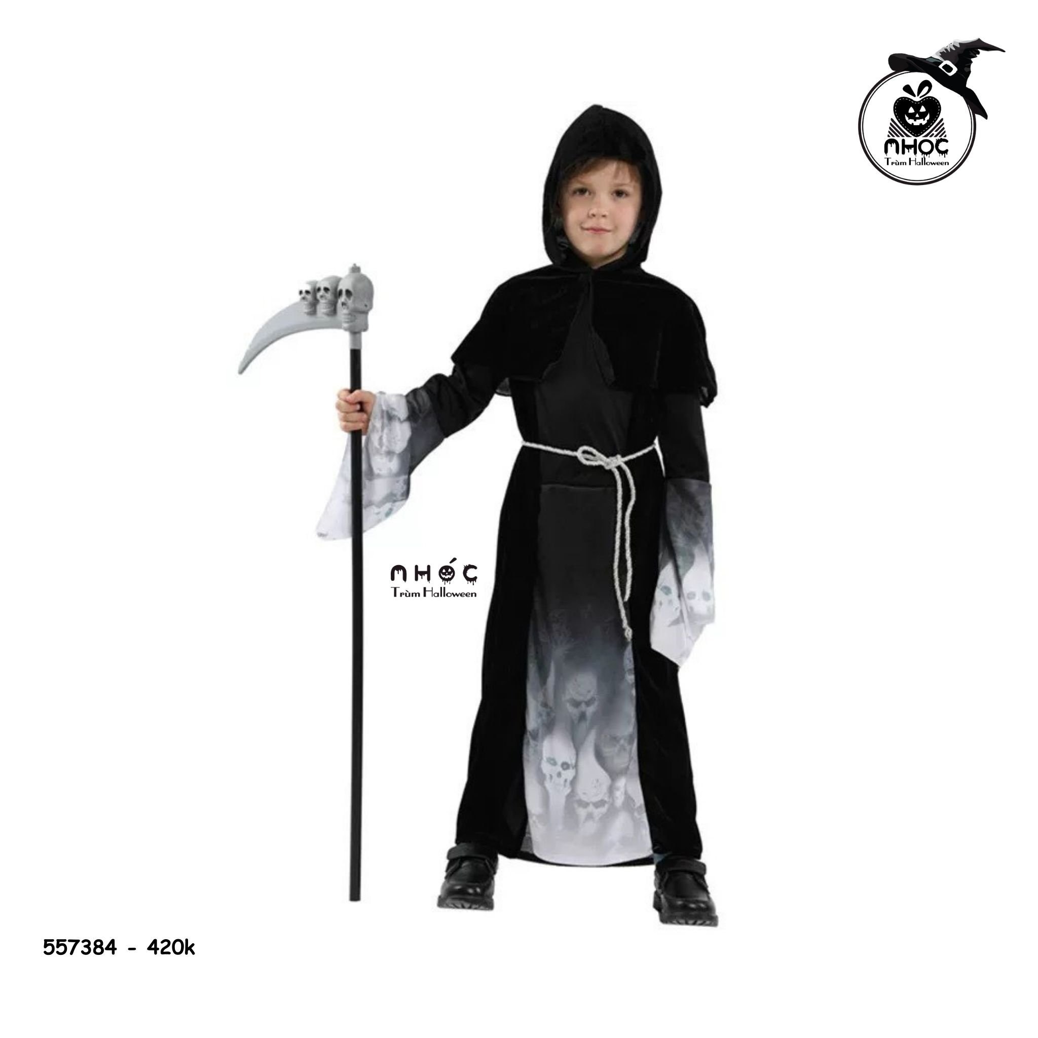 Aó halloween thần chết vải nhung thun in đầu lâu có nón combo thắt lưng- 42001 - XL