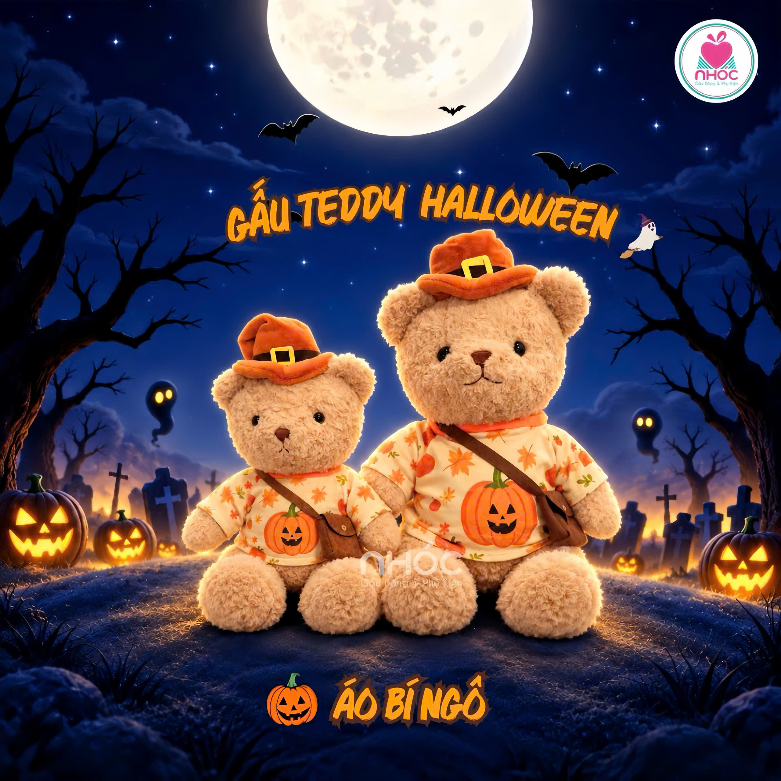 Gấu Teddy Halloween mặc áo bí ngô lông xoắn ngồi TC