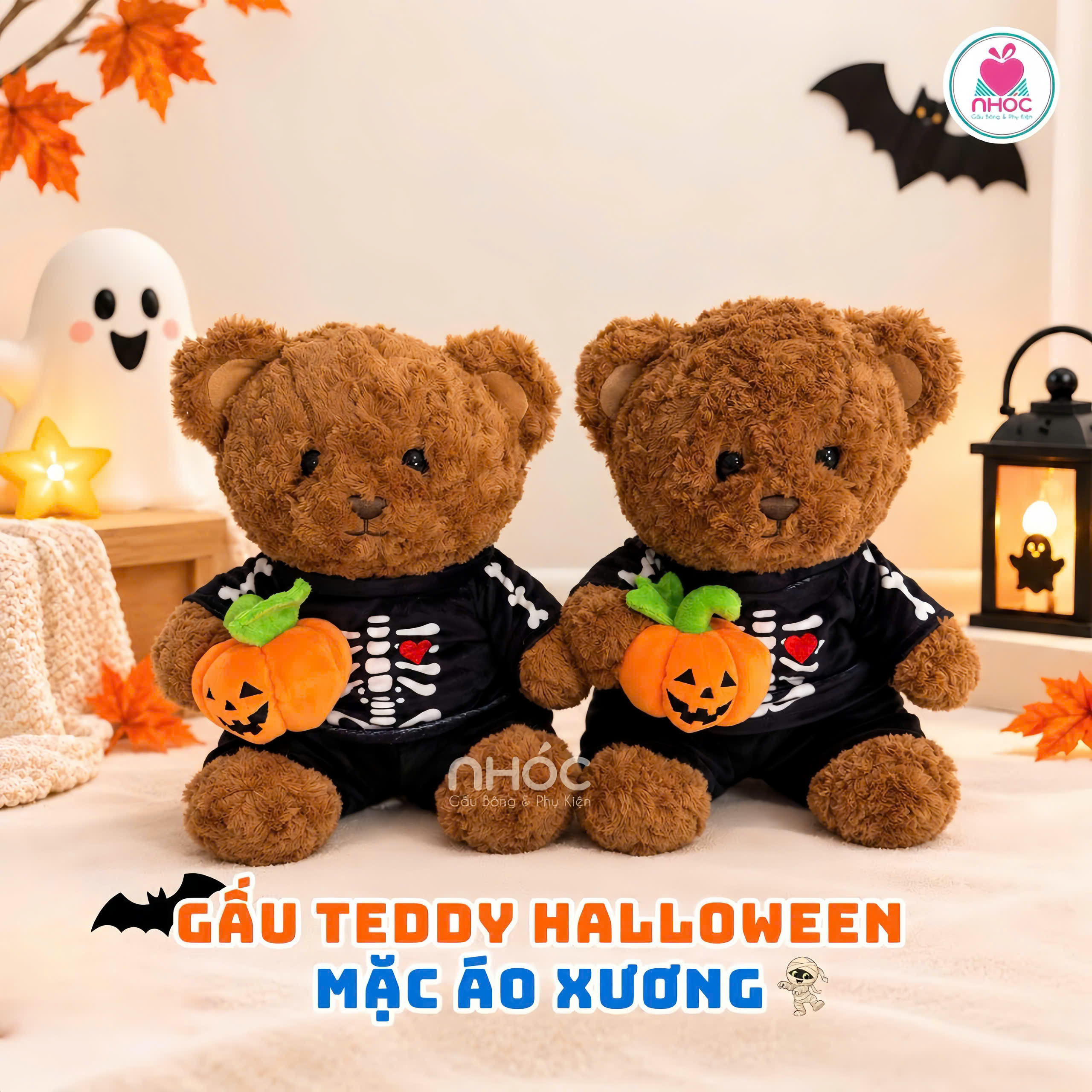 Gấu Teddy Halloween mặc áo xương lông xoắn ngồi TC - 3032026