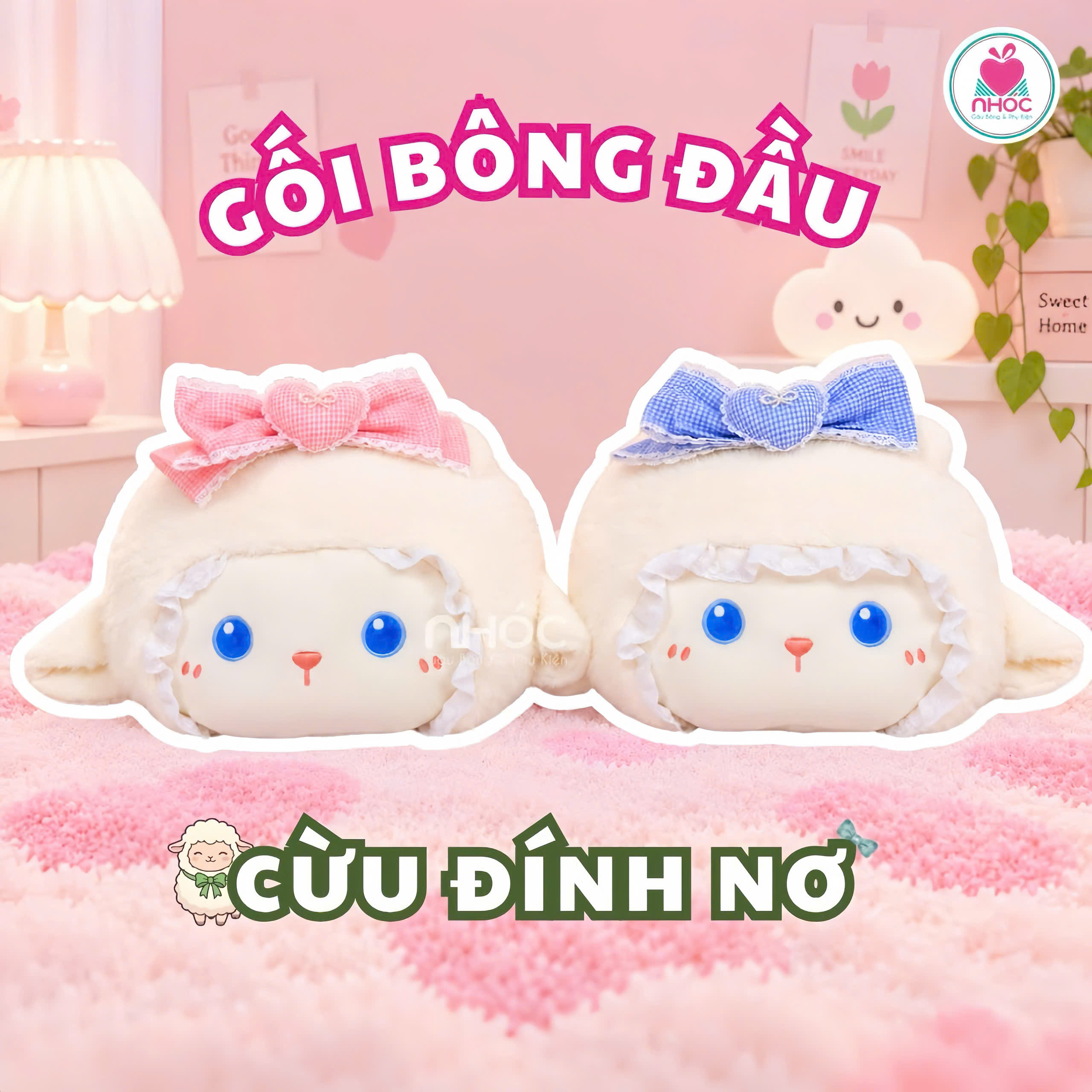Gối bông đầu Cừu đính nơ sọc caro lông xù