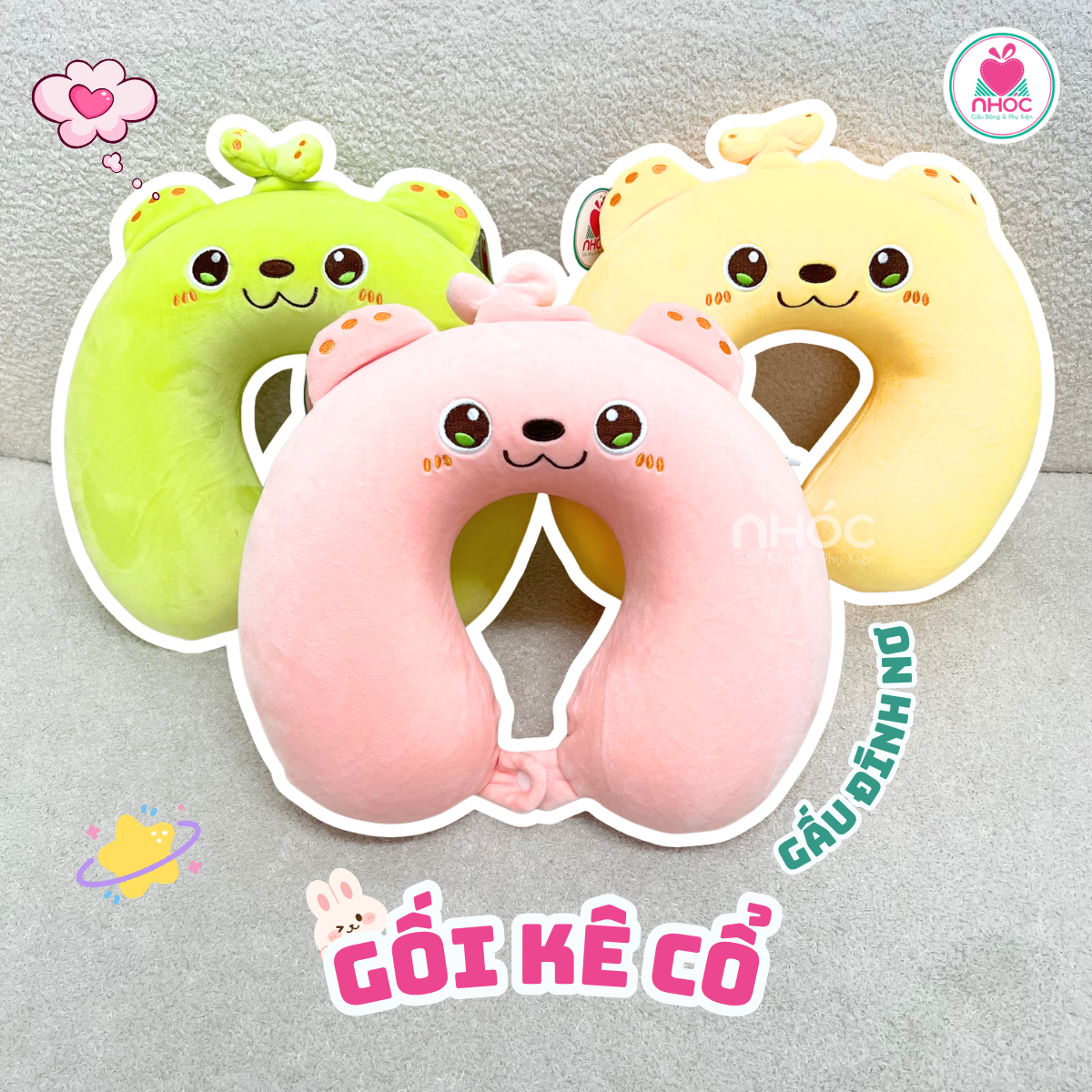 Gối kê cổ cao su non Gấu đính nơ nhỏ