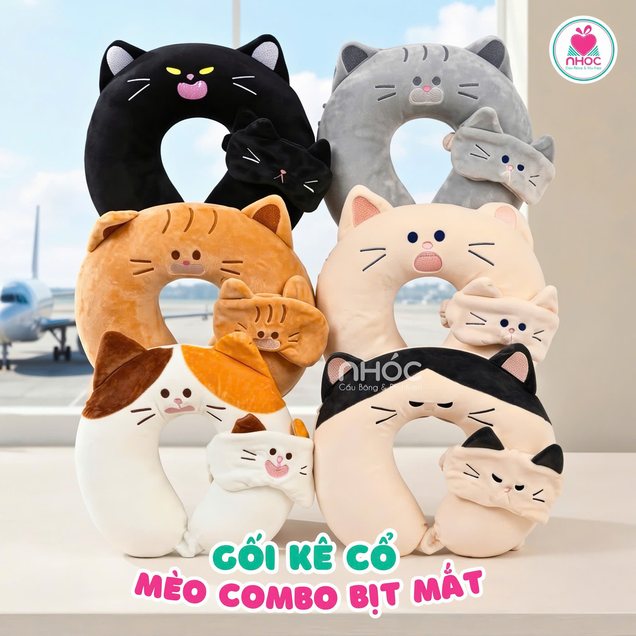 Gối kê cổ cao su non Mèo combo bịt mắt
