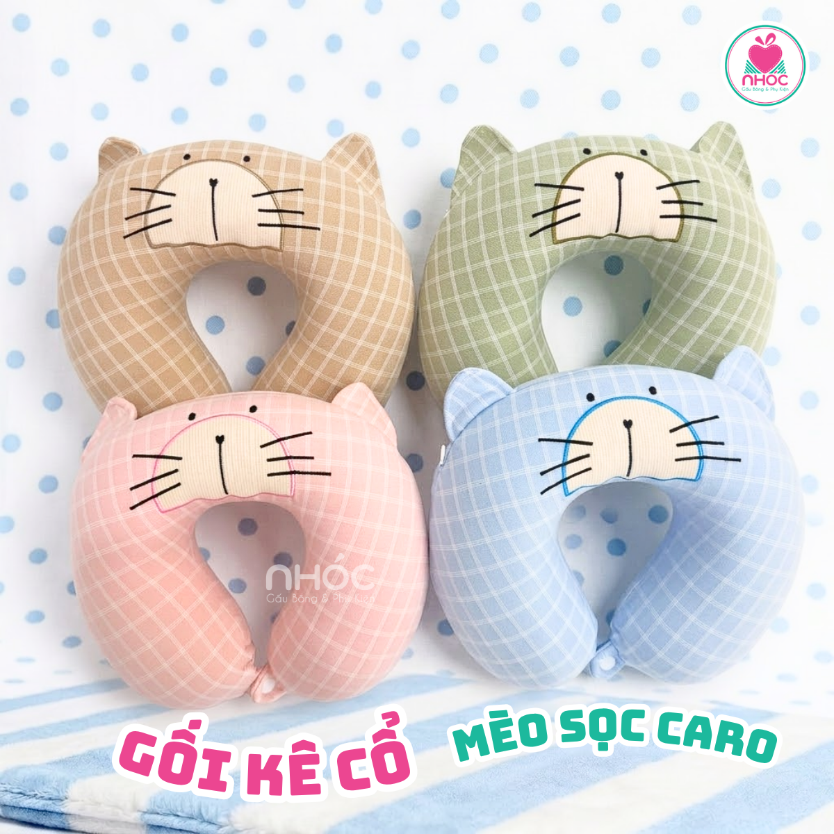 Gối kê cổ cao su non Mèo sọc caro