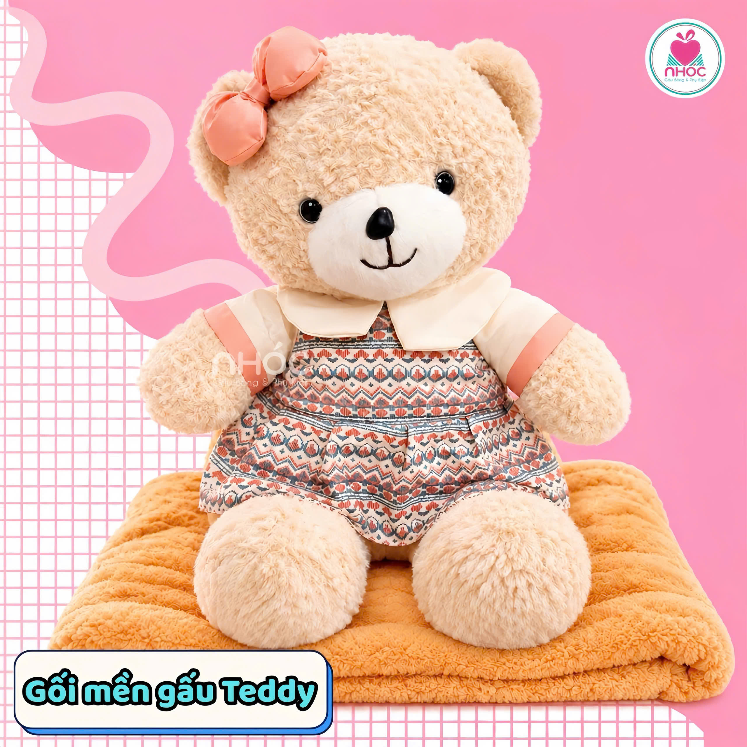 Gối mền Gấu Teddy mặc đầm lông xoắn - Kem - 6048026