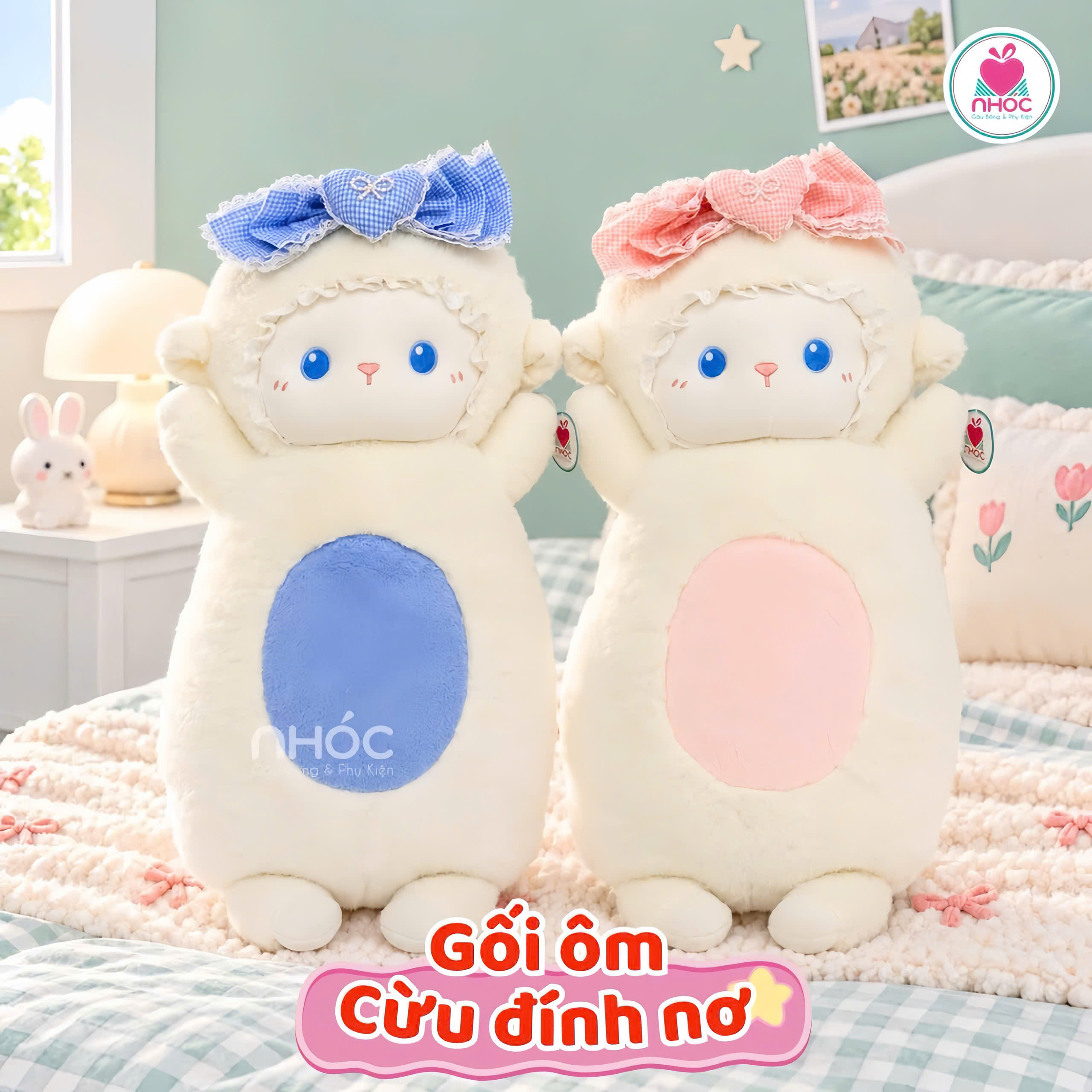 Gối ôm Cừu đính nơ sọc caro lông xù đứng