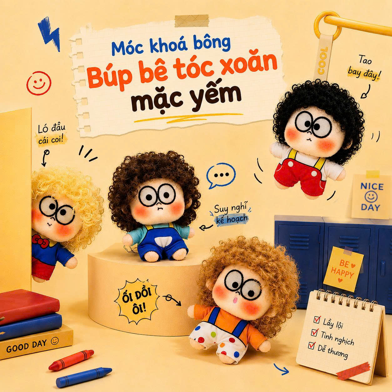 Móc khoá bông Búp bê tóc xoăn mặc yếm