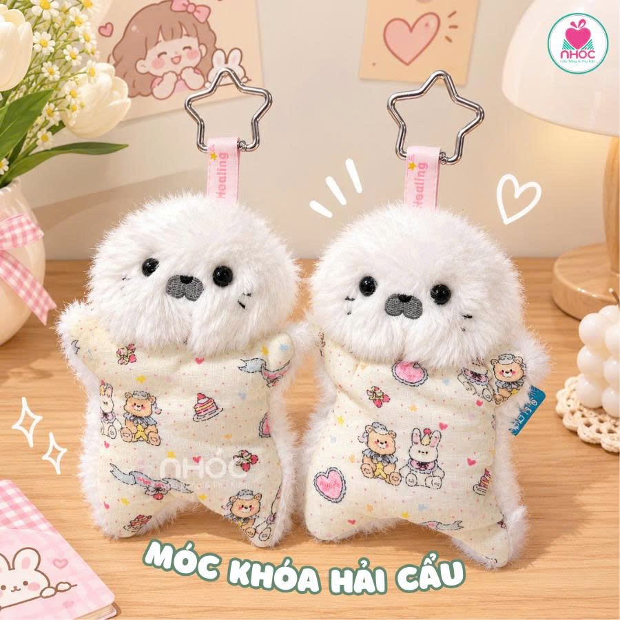 Móc khoá bông Hải cẩu lót vải hoạ tiết cute - Trắng - 1512026