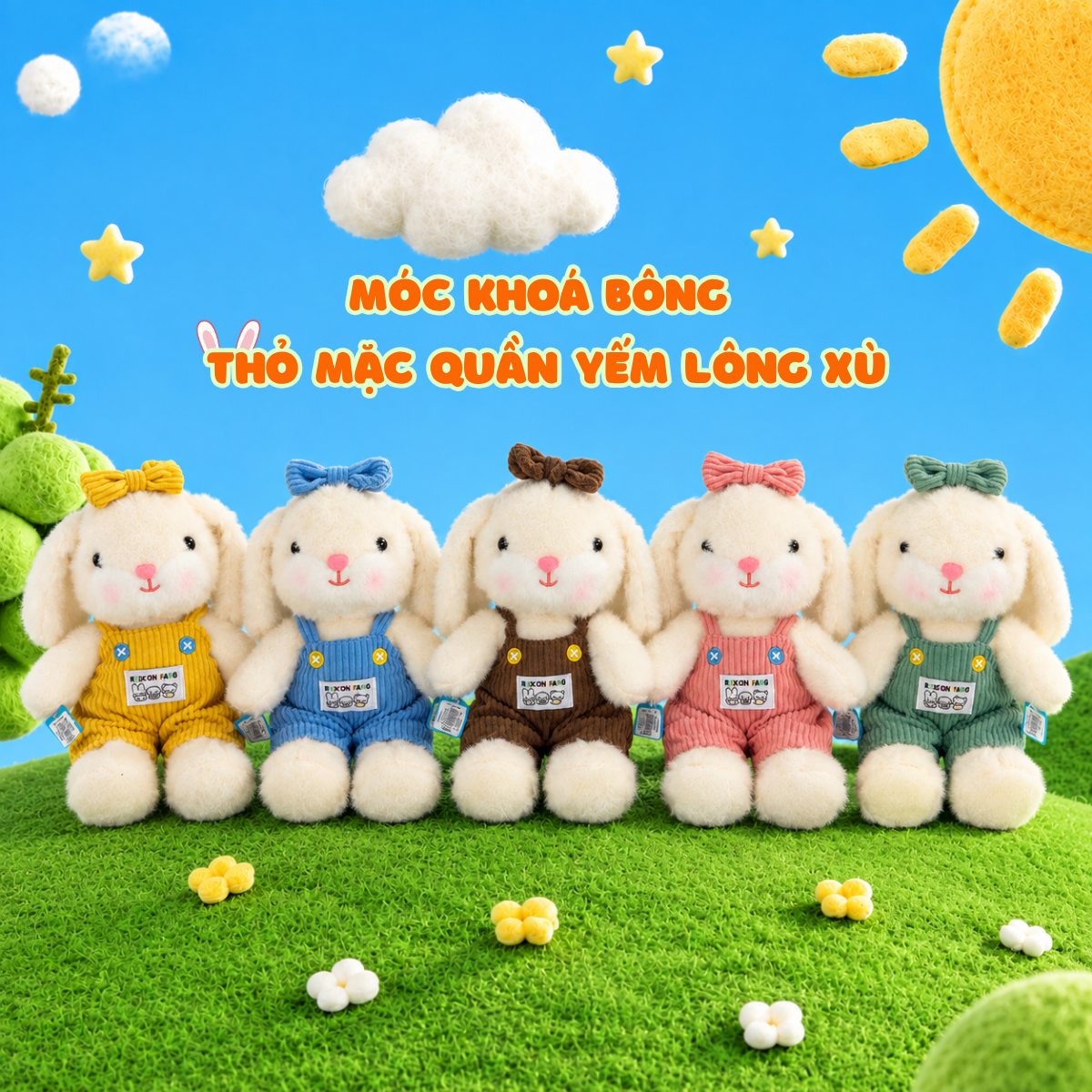 Móc khoá bông Thỏ mặc quần yếm lông xù 5m - Trắng - 2012026