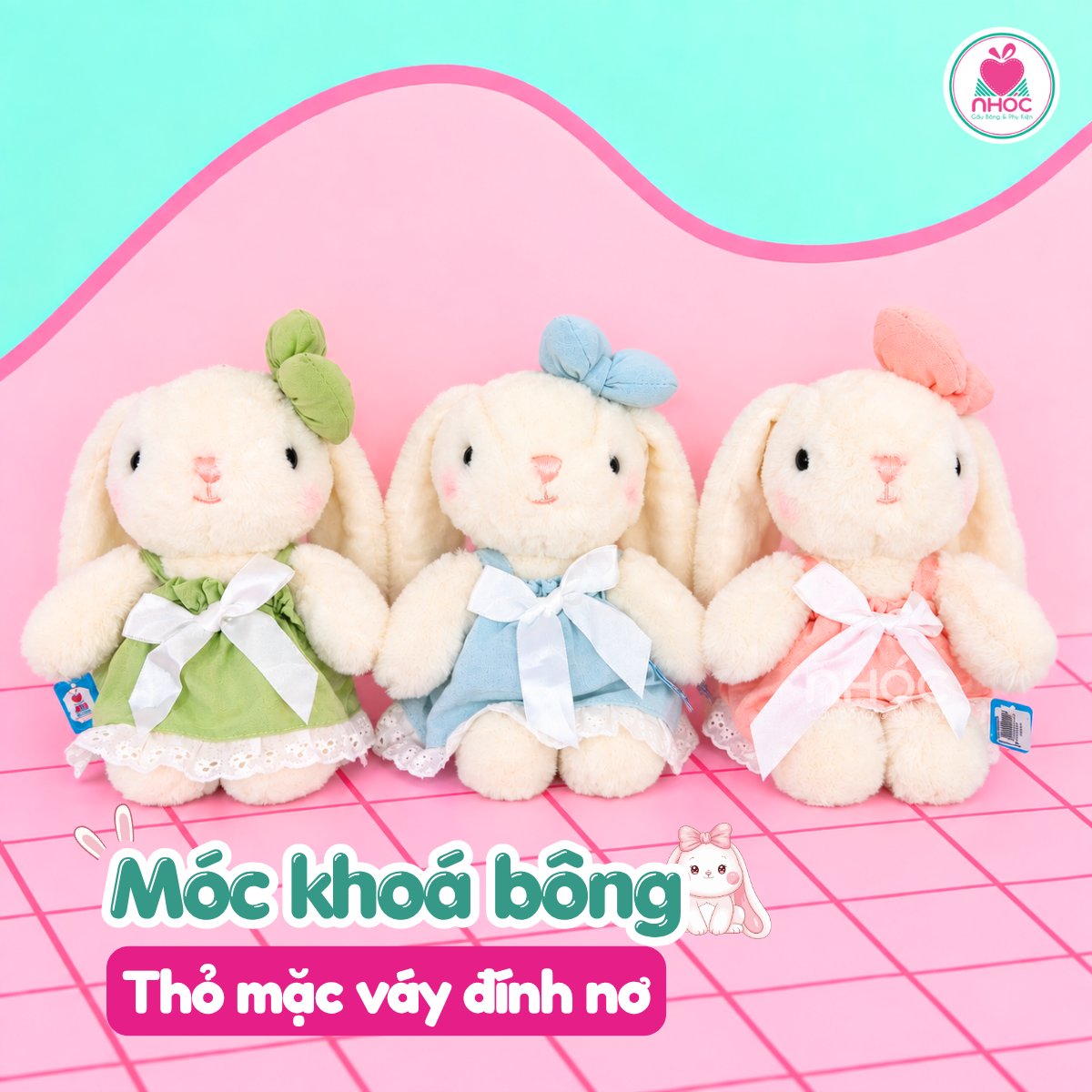 Móc khoá bông Thỏ tai dài mặc váy đính nơ 3m - Trắng - 2013026