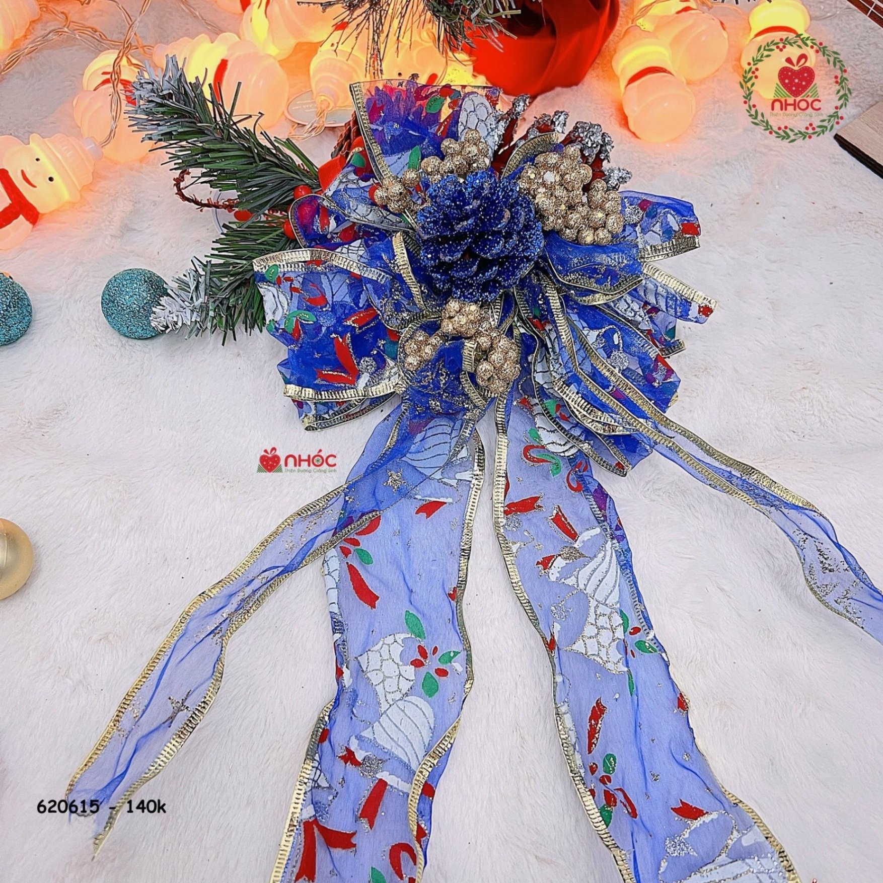 Phụ kiện trang trí Noel nơ hoa voan kim tuyến - xanh - 40140