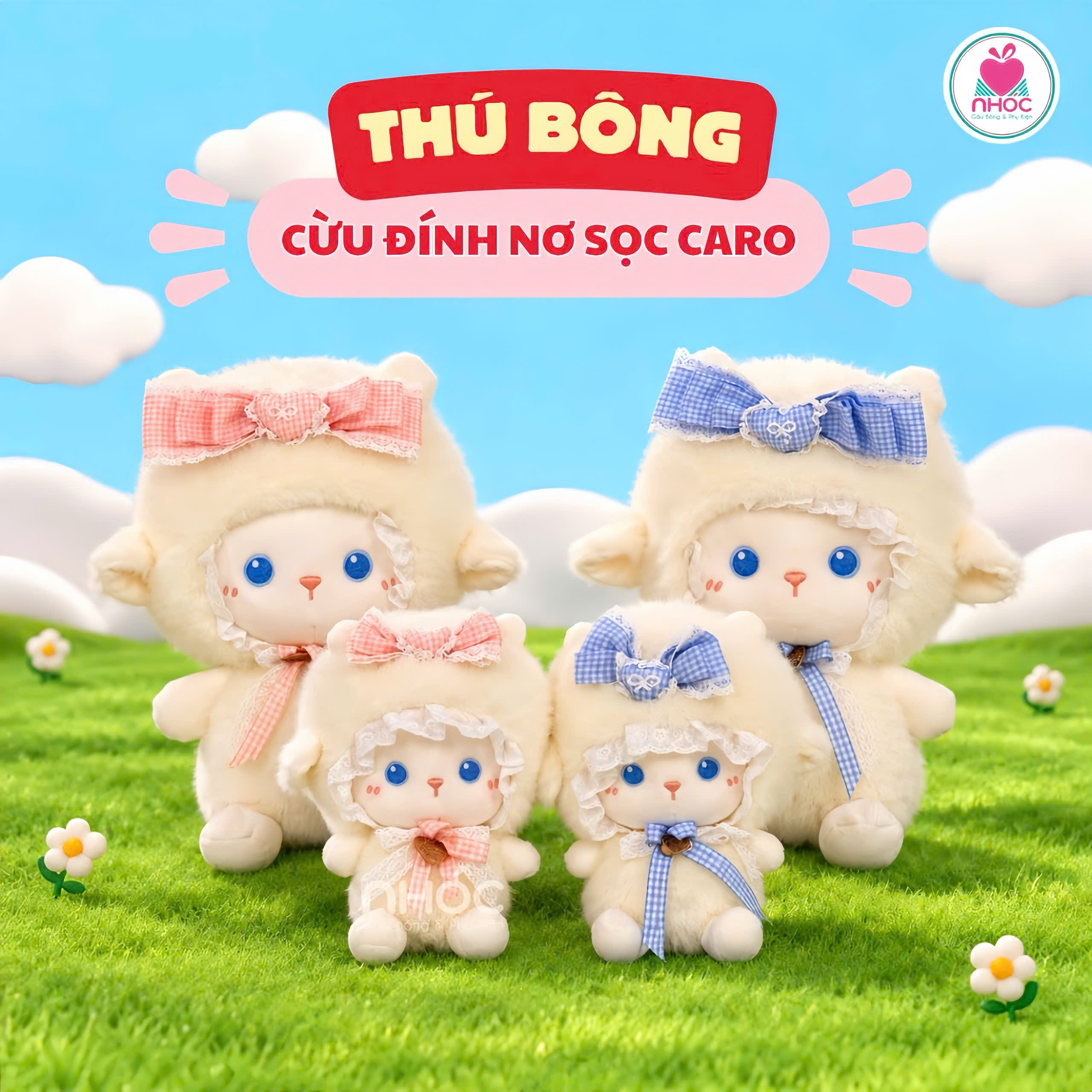 Thú bông Cừu đính nơ sọc caro lông xù ngồi
