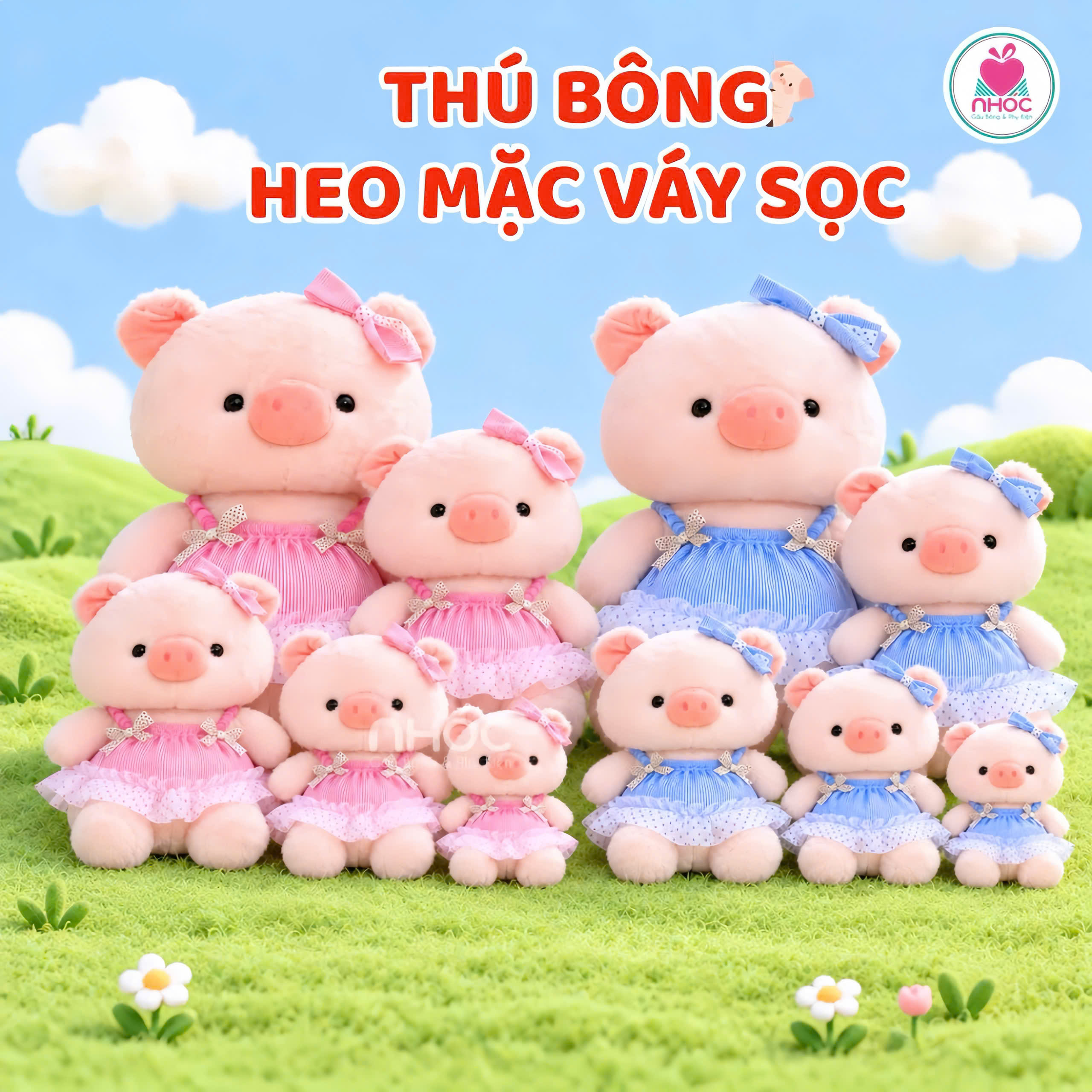 Thú bông Heo mặc váy sọc viền voan lông xù ngồi